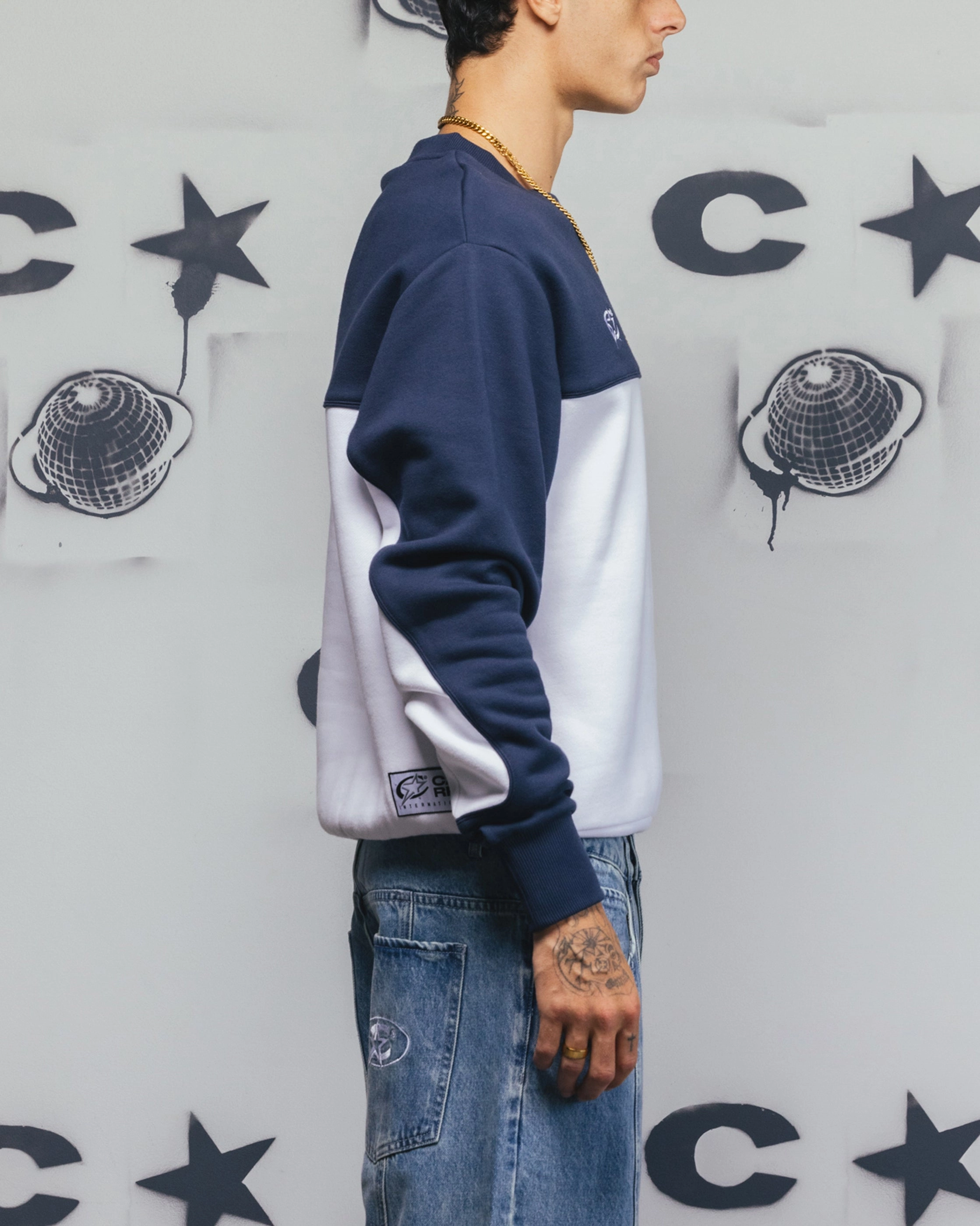 WaterResistantFabric Fade Resistant Carre Trainer Oversized Panelled Crewneck Blue/White