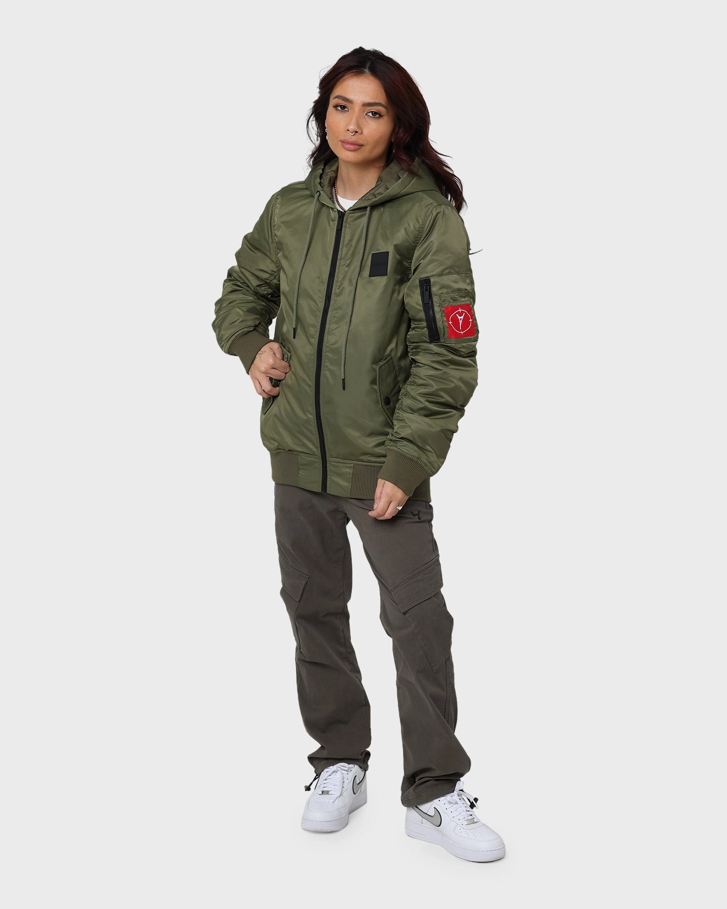 Carre Ultilitaire Hooded Bomber Jacket Khaki Green University Flexible Shoulder Panels