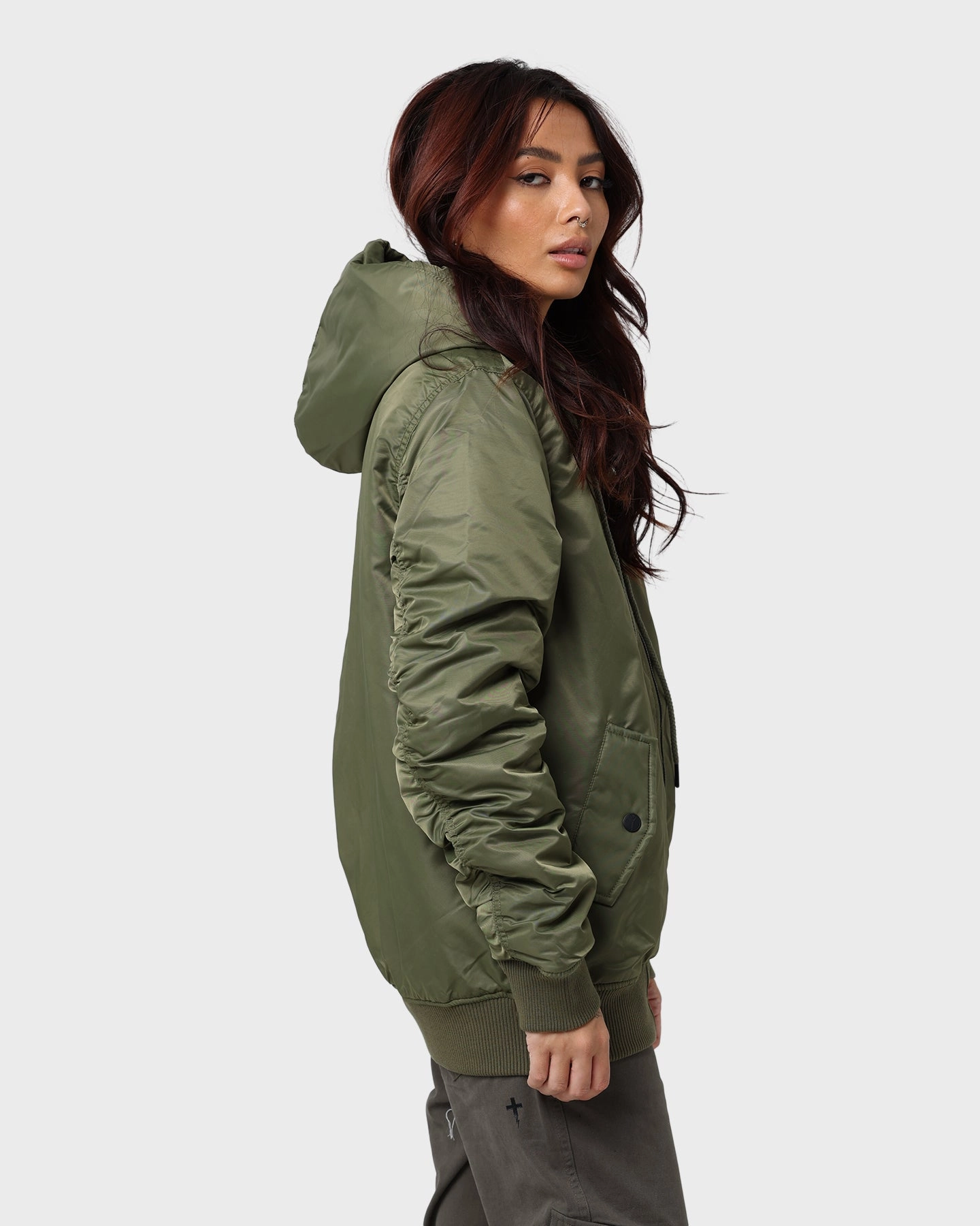 popular in Europe beachgoer Carre Ultilitaire Hooded Bomber Jacket Khaki Green