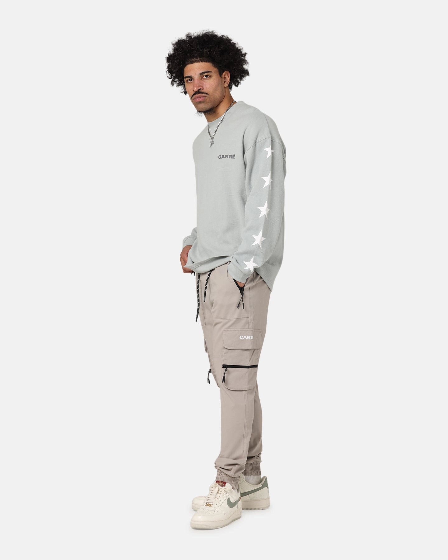 Chic Vibes funky Carre Waffle Workwear Long Sleeve T-Shirt Grey