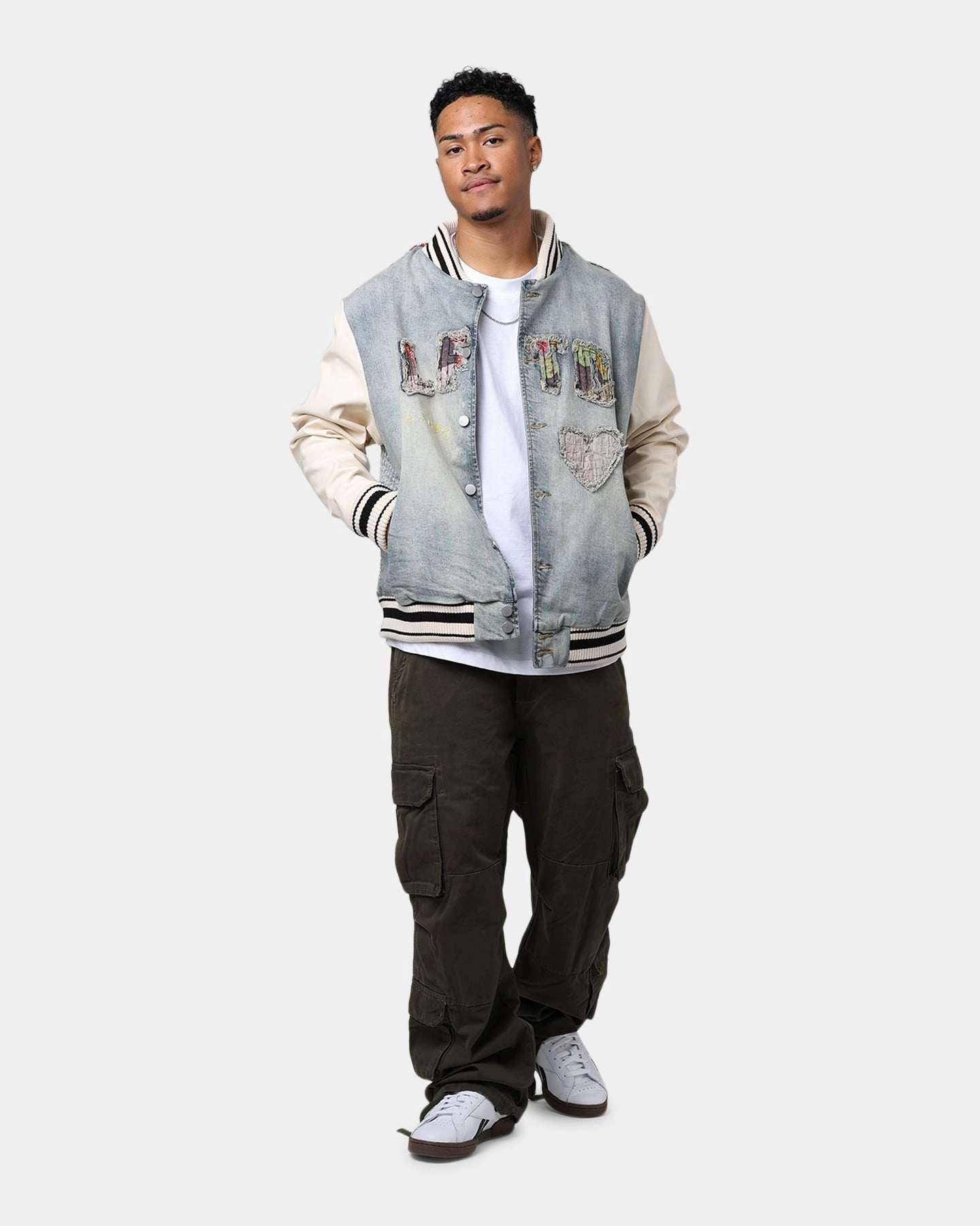 restaurant Engage Lifted Anchors "Martina" Boro Denim Varsity Jacket Denim/Cream