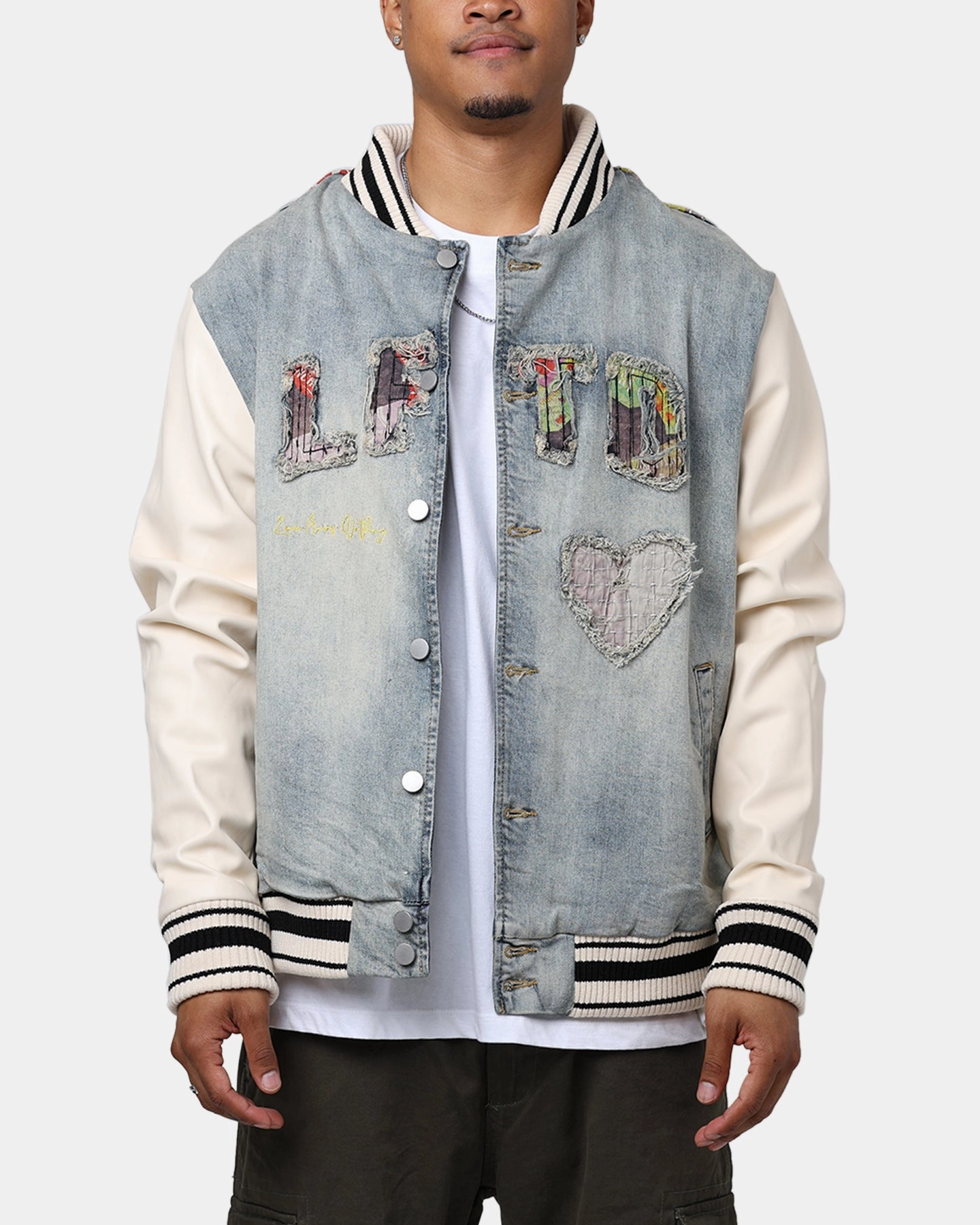 Praise Gender - neutral Lifted Anchors "Martina" Boro Denim Varsity Jacket Denim/Cream