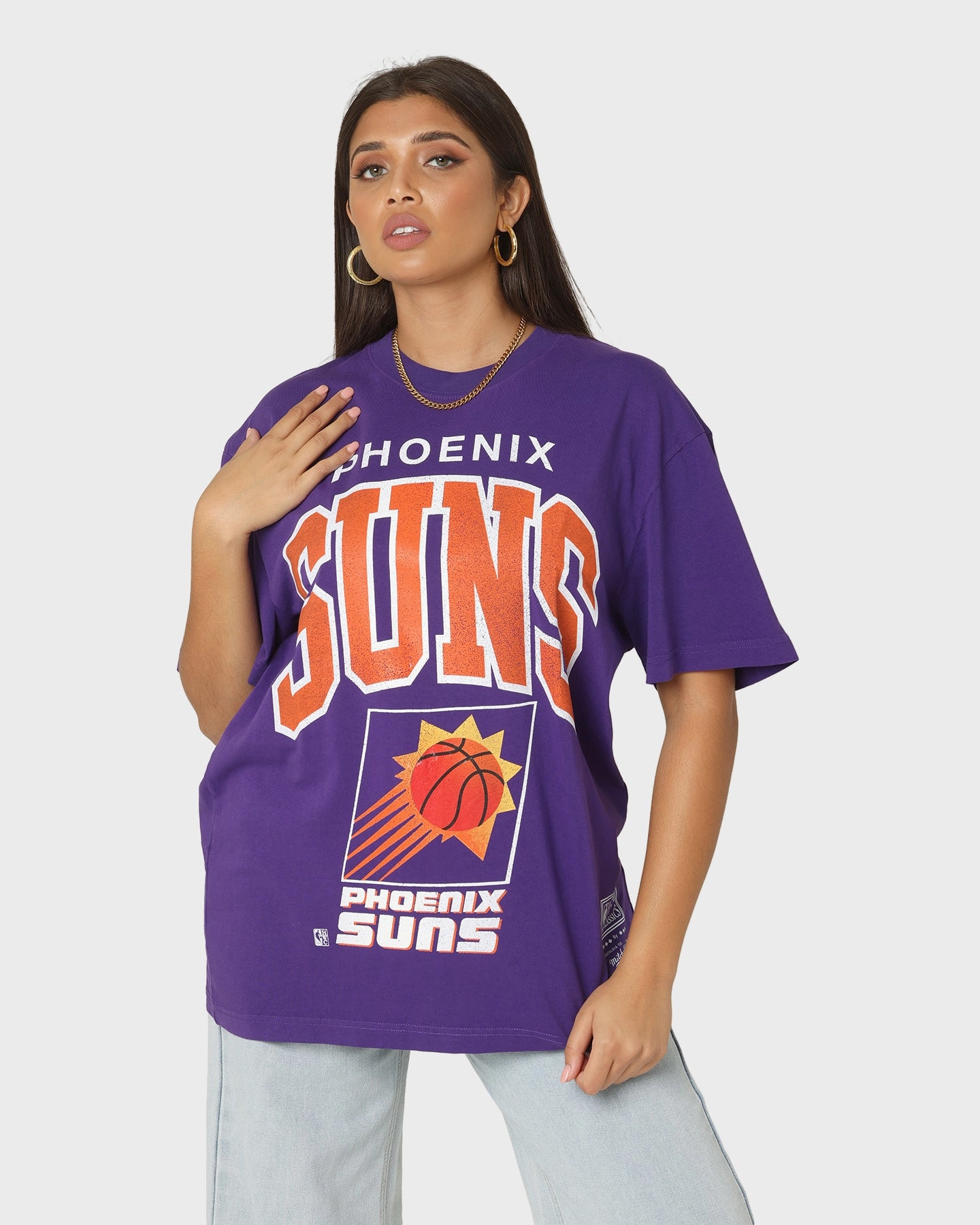 winter warmth SustainableManufacturing Mitchell & Ness Phoenix Suns XL Arch Vintage T-Shirt Faded Purple