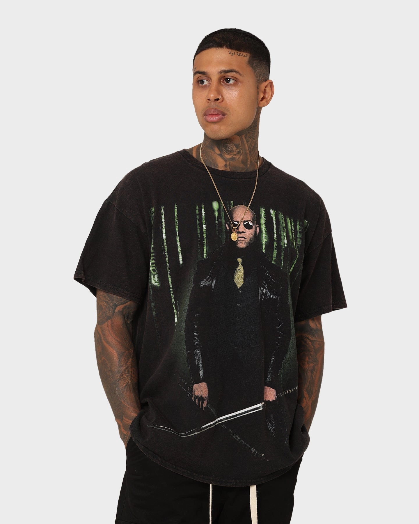 American Thrift X The Matrix Morpheus Vintage T-Shirt Black Wash Simple Fashion Glossy Look