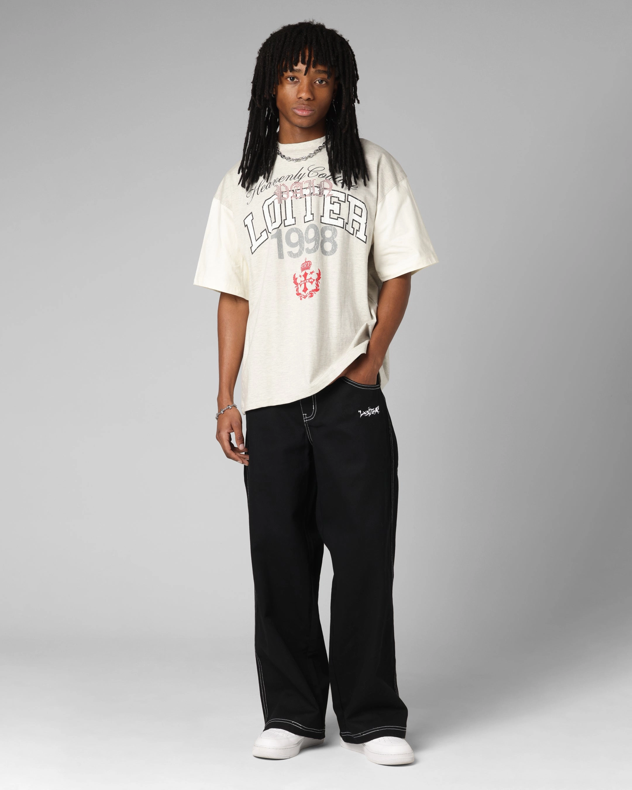Layered Sleeve Loiter Drop Out Vintage T-Shirt Grey/White