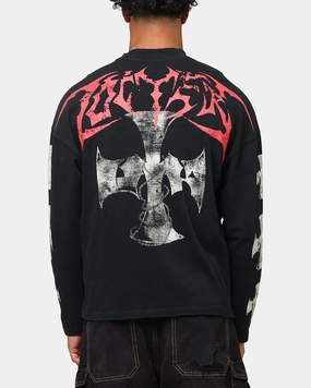 Cozy And Warm Loiter Cross Long Sleeve T-Shirt Black Acidwash