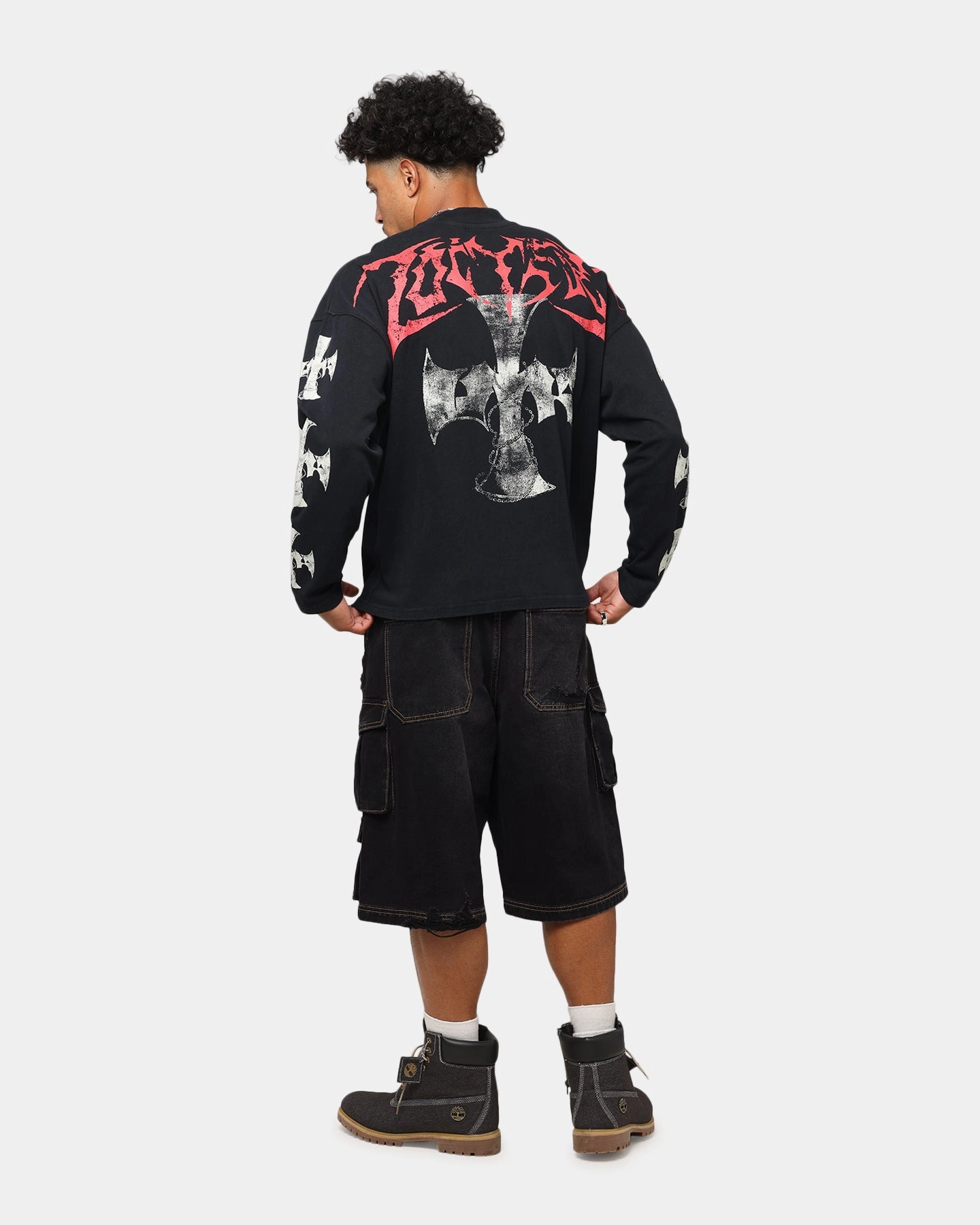 Easy Care Chic Comfort Loiter Cross Long Sleeve T-Shirt Black Acidwash