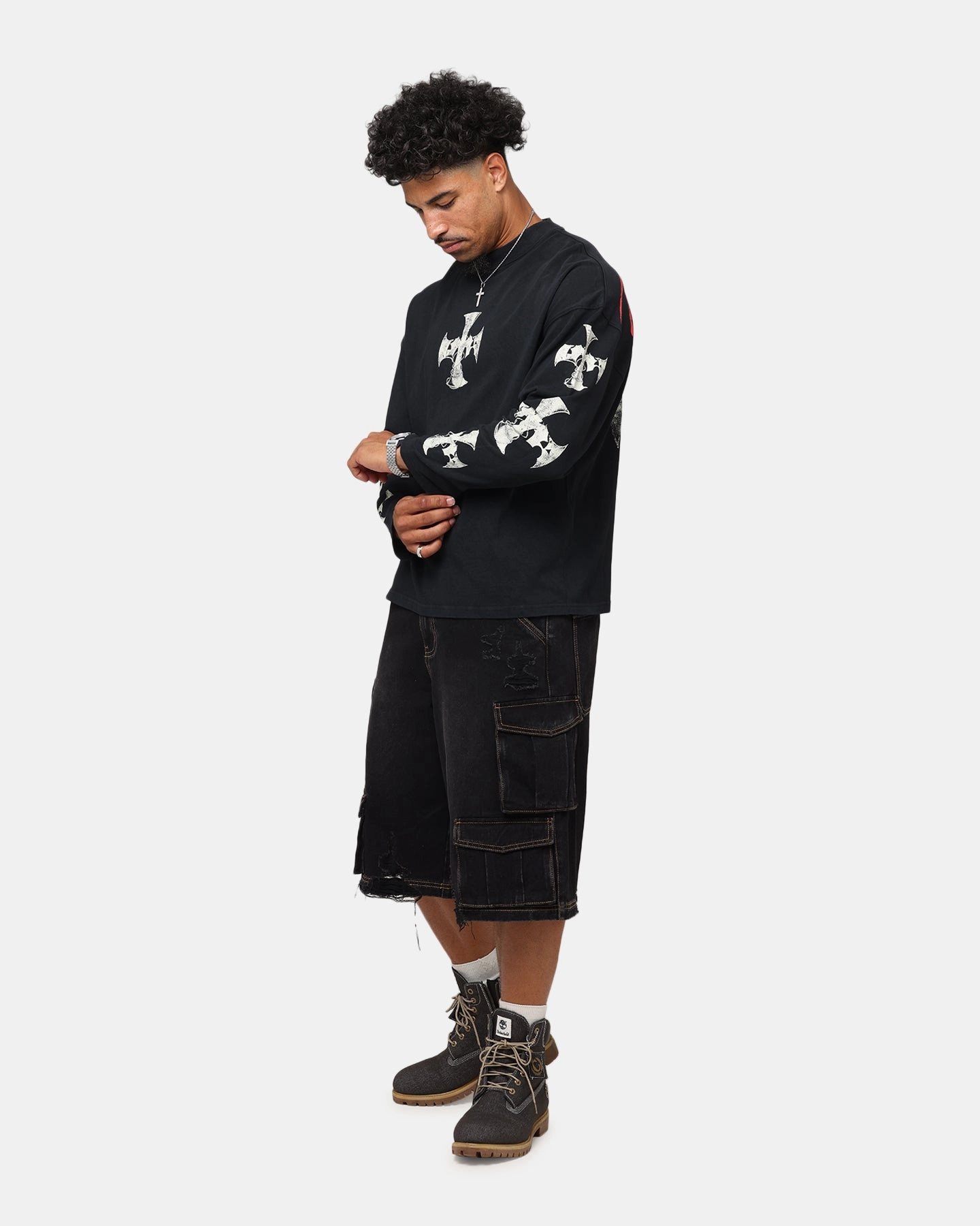 Loiter Cross Long Sleeve T-Shirt Black Acidwash Casual Style Wear