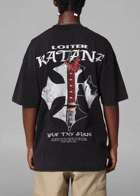 Effortless Wearable Loiter Katana Vintage T-Shirt Black Acidwash