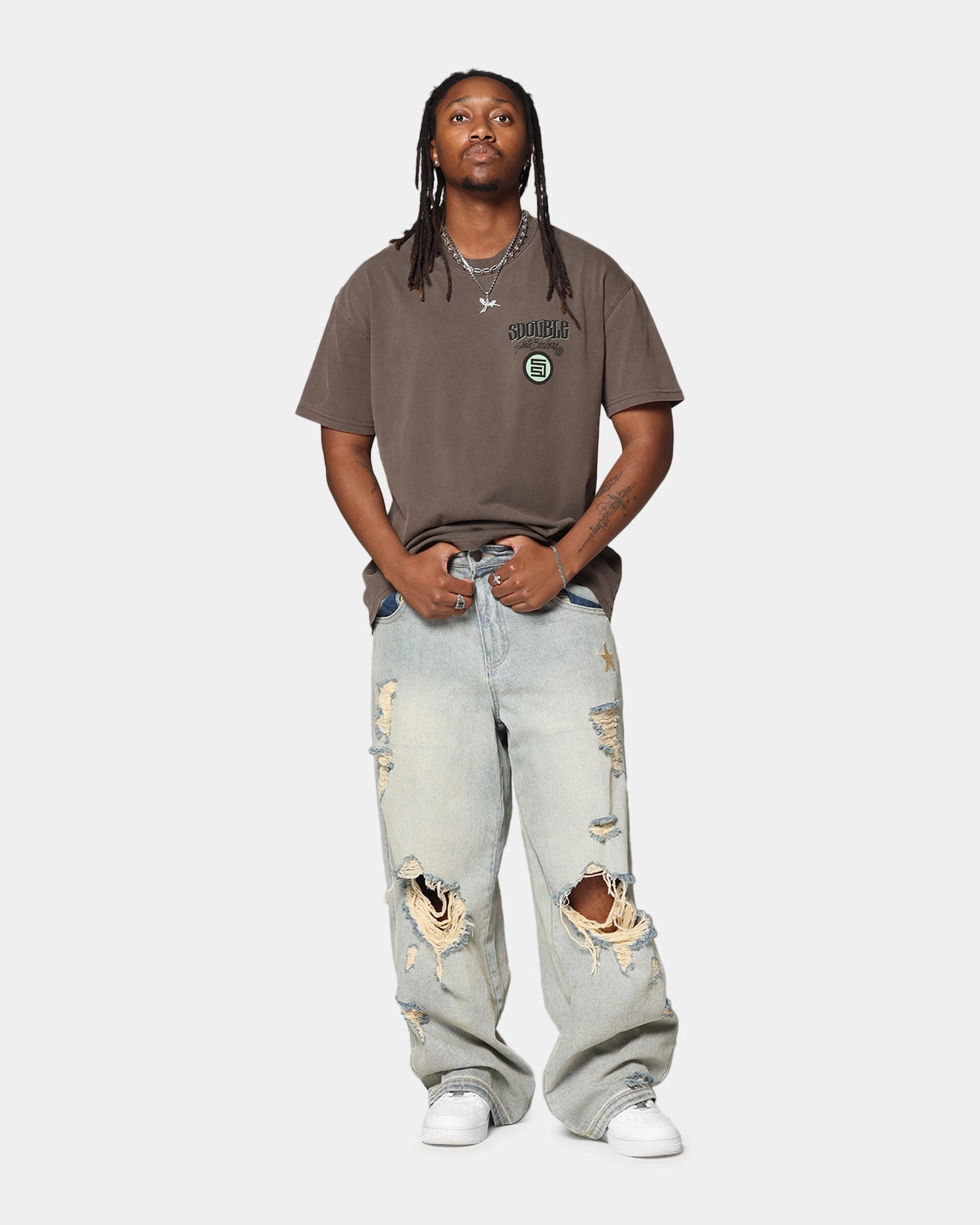 Raw Hem Finish S Double Combo Platter T-Shirt Washed Chocolate