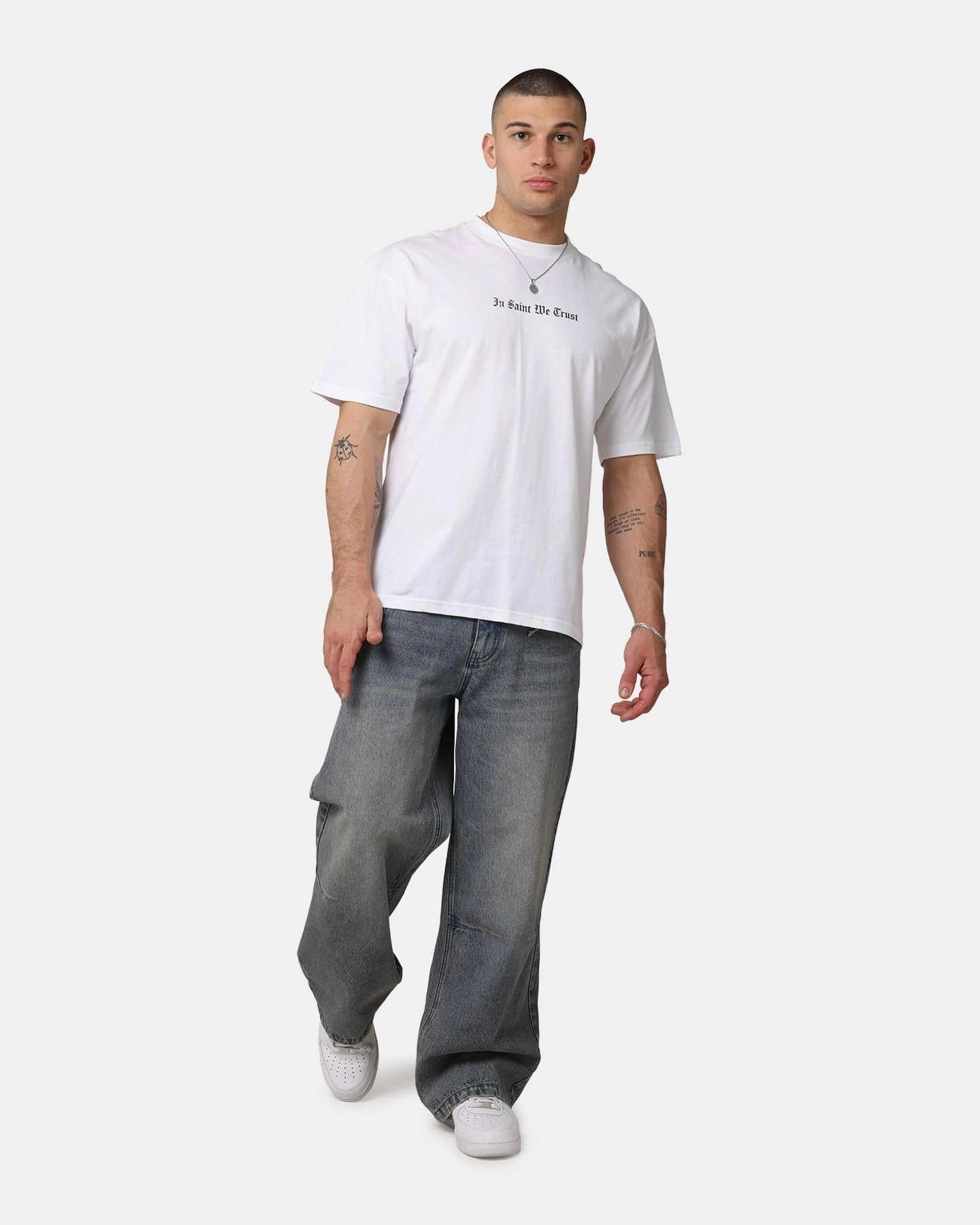 Fun and Playful Casual Fit Saint Morta Virtues T-Shirt White