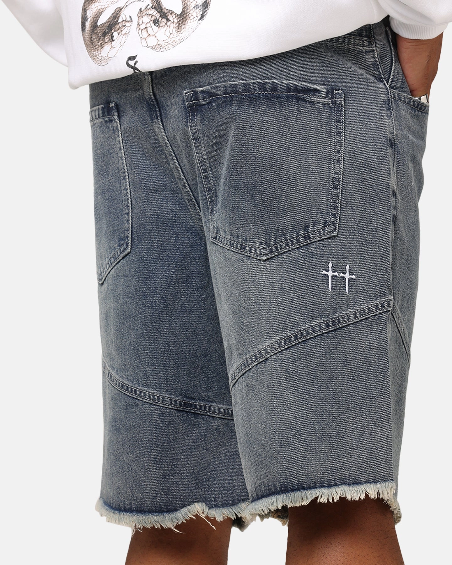 Saint Morta Armoury Baggy Denim Shorts Dirty Denim sunglasses handmade touch