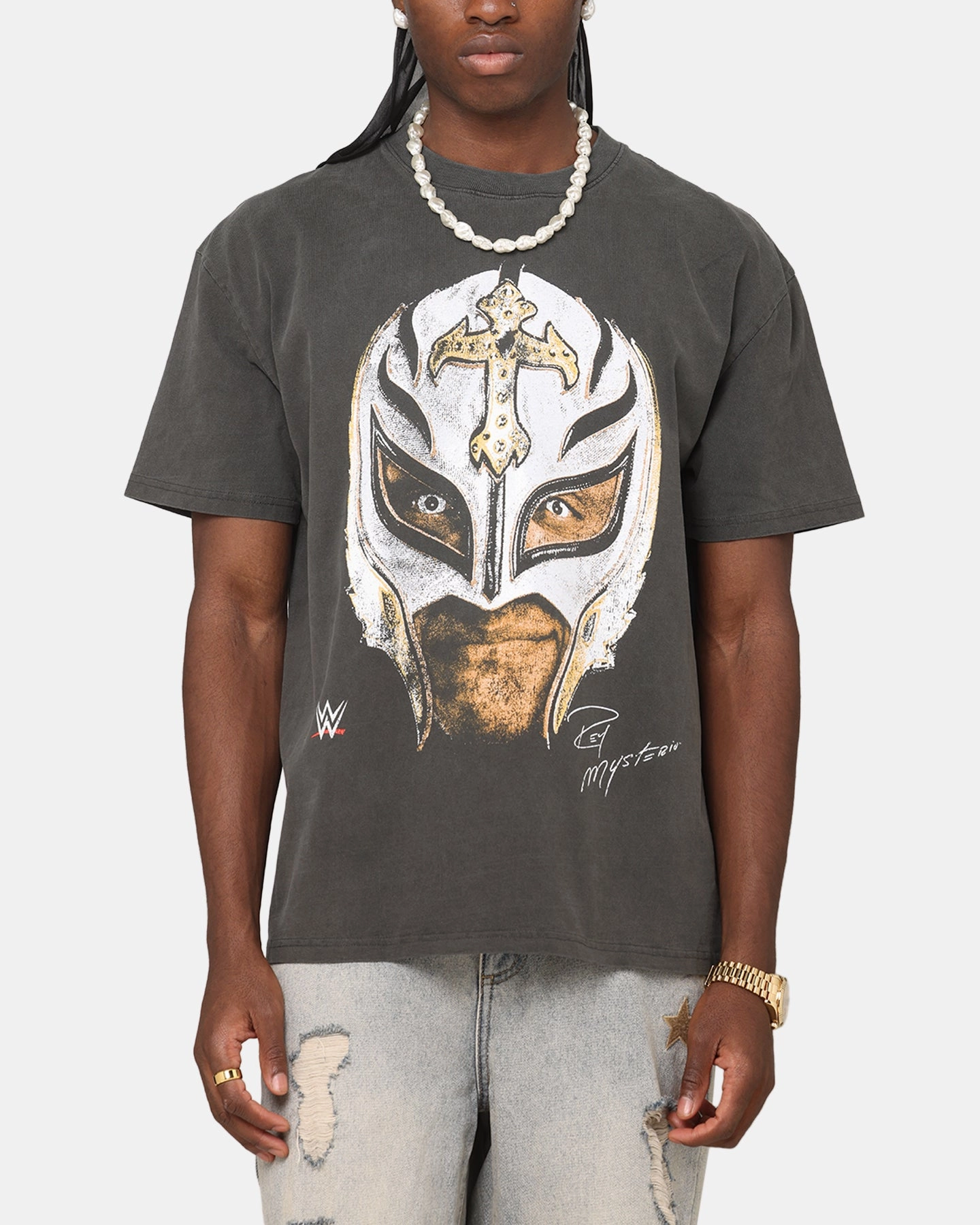 Culture Kings X WWE Rey Mysterio Big Head Heavyweight T-Shirt Black Wash Minimalist Design