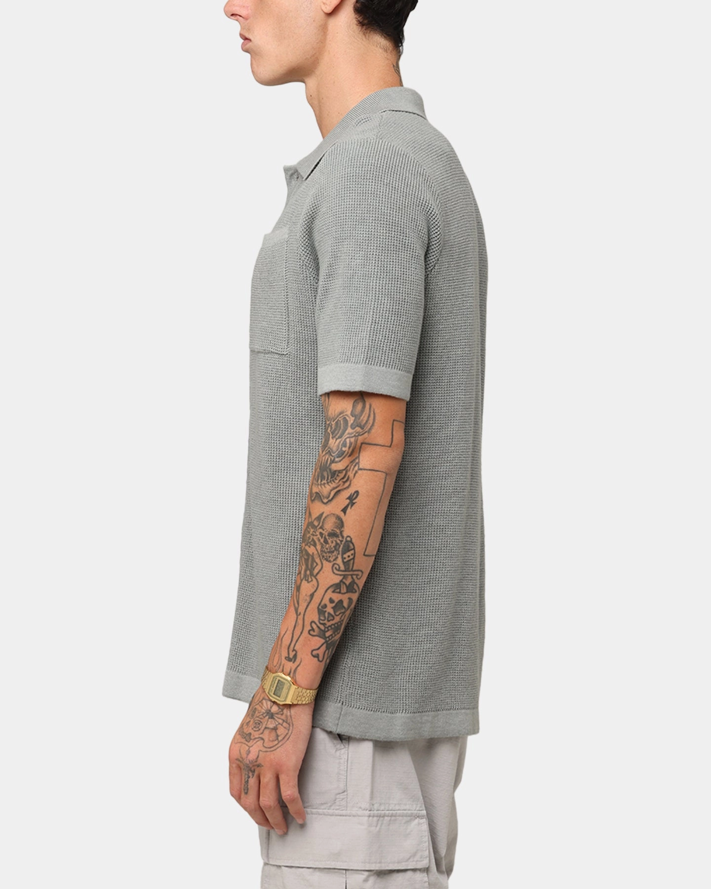XXIII Zyair Knit Rib Button Up Shirt Olive Non Iron Fabric Neutral Tones