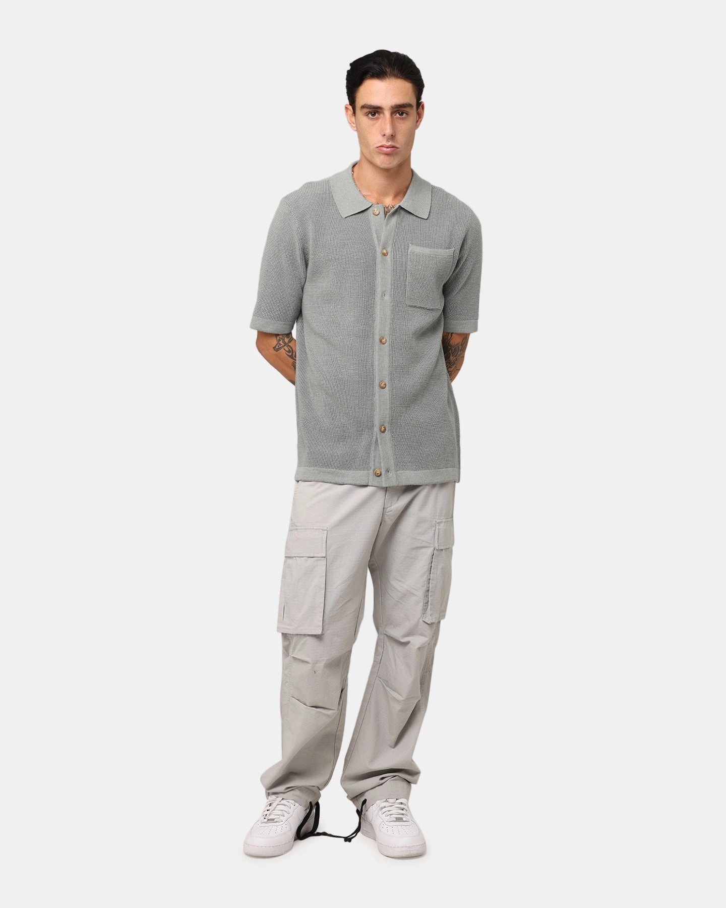 XXIII Zyair Knit Rib Button Up Shirt Olive Premium Quality Non-irritating