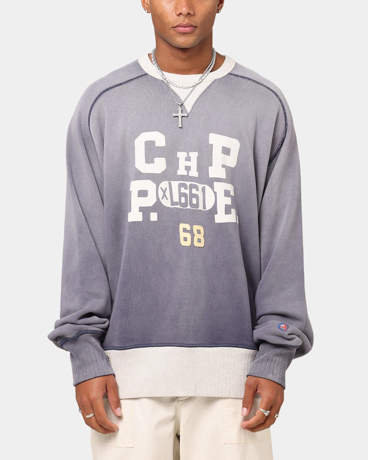 Champion 50's Saddle Crew Sweatshirt Athletic Navy Teflon Finish Wind Resistant Coating