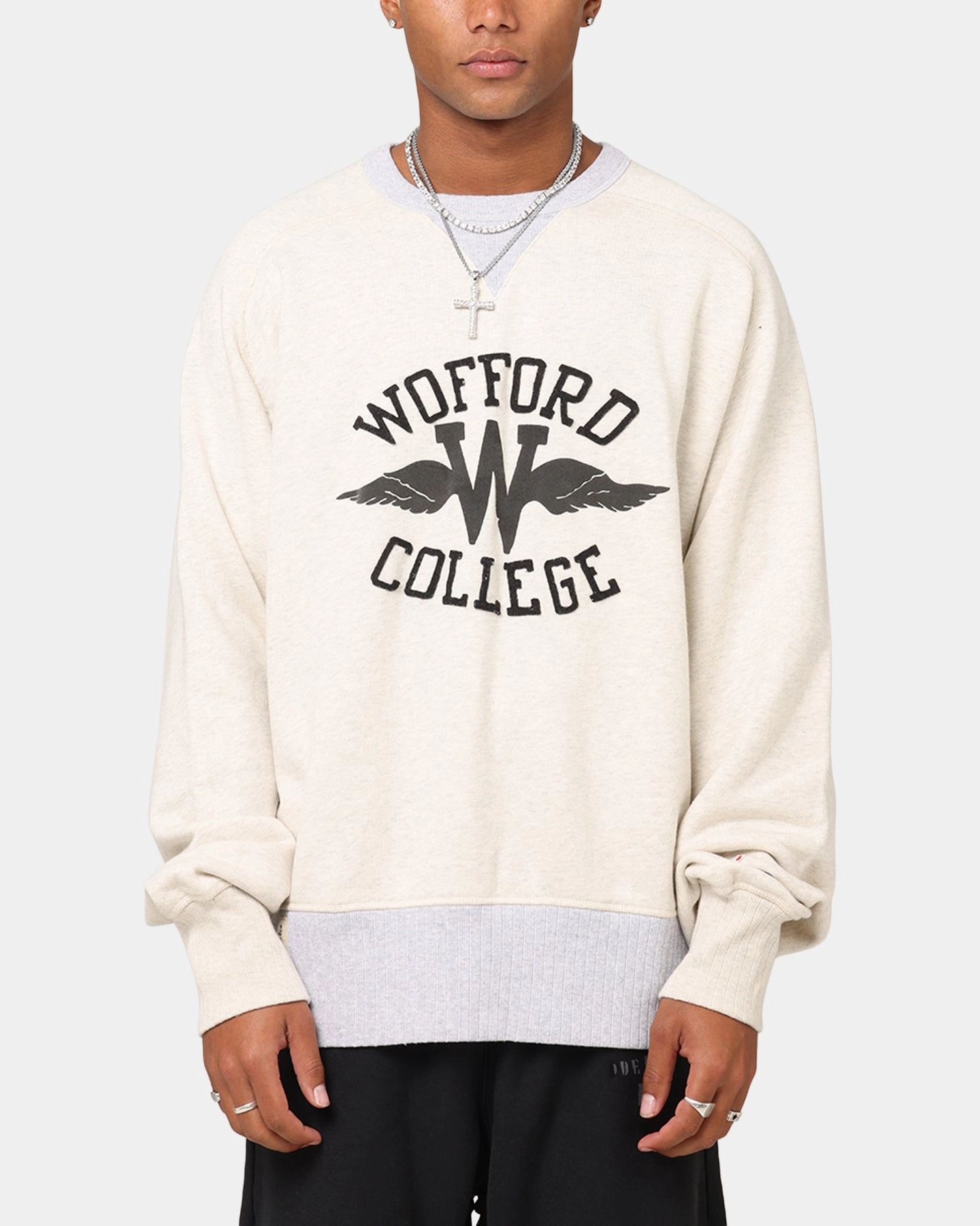 Quilted Insulation Crisp Detail Champion 50's Saddle Crew Sweatshirt Oatmeal Heather