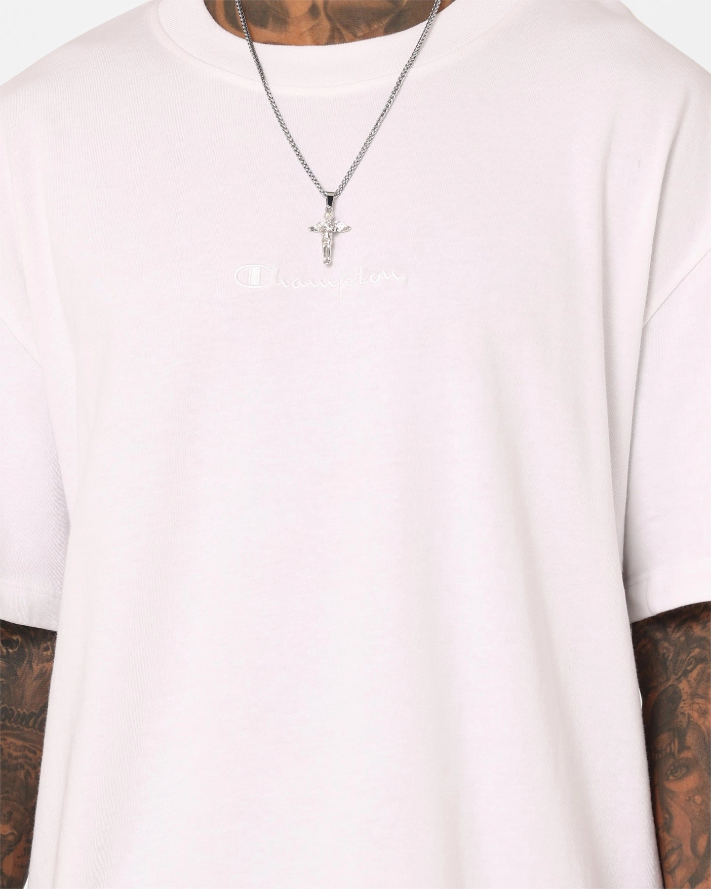 Champion Heritage New Script T-Shirt White Easy Care Fabric Spandex Enhanced Elasticity