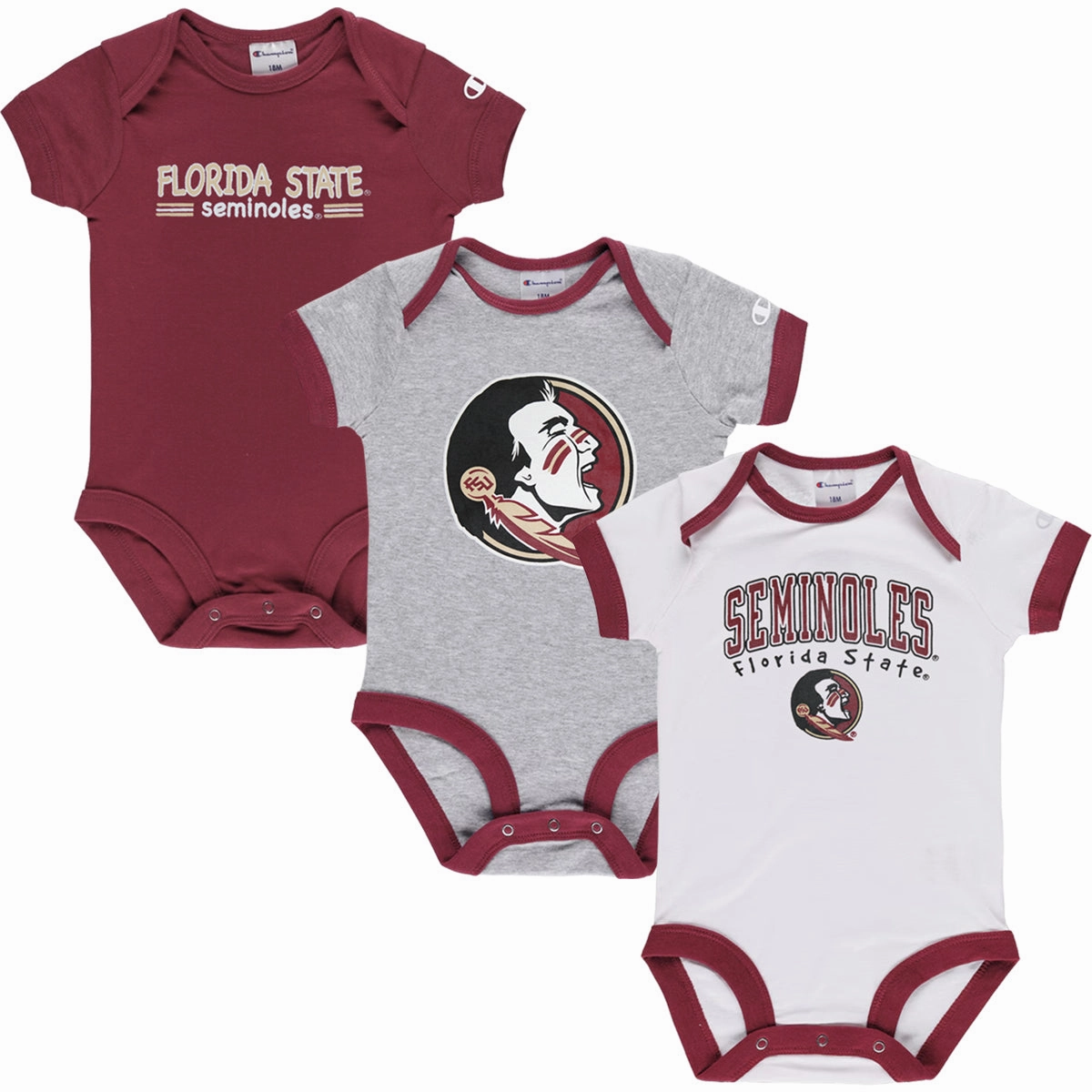 Champion Infant Florida State 3pk Onesies - Garnet/Grey/White Relaxed Silhouette