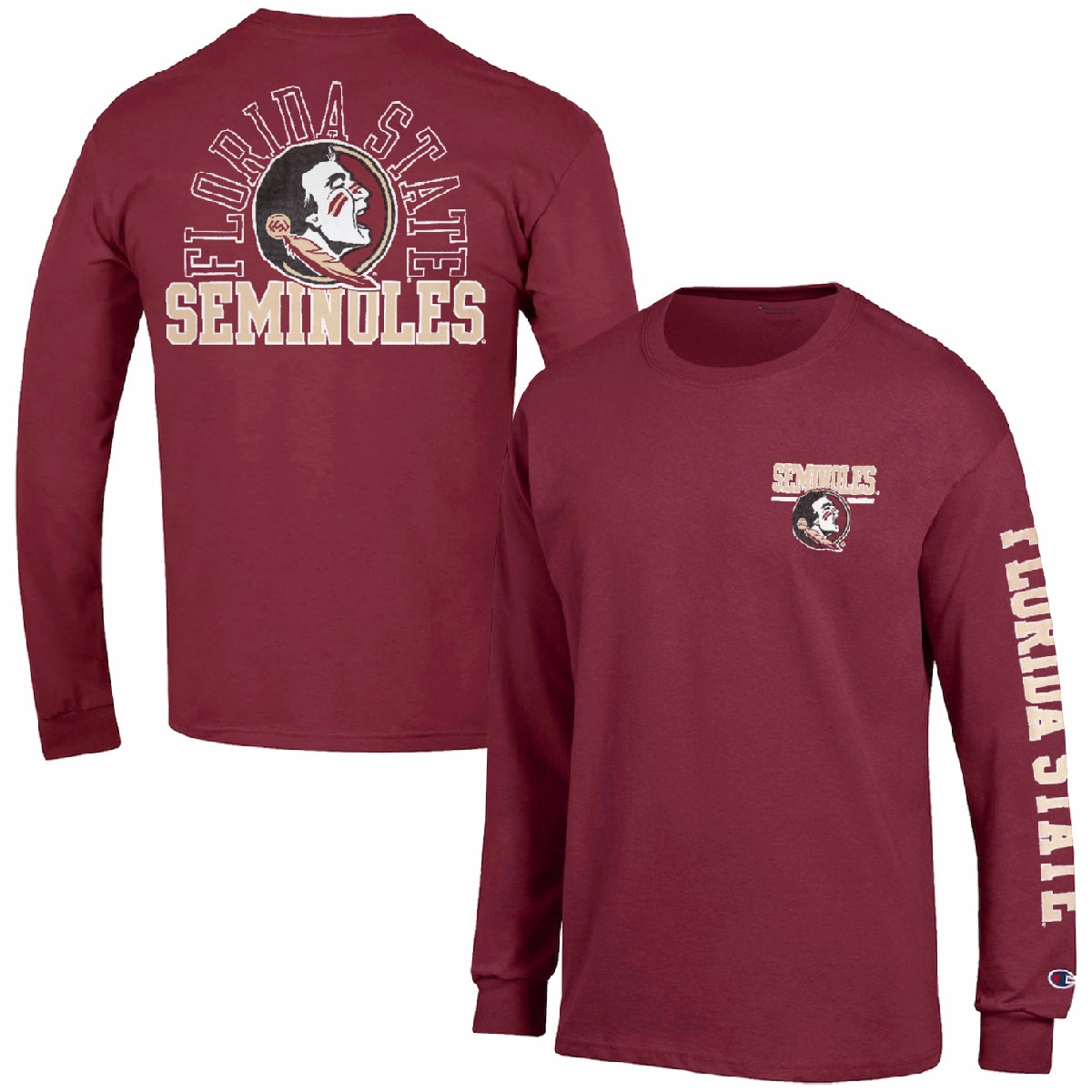 Champion Men's Florida State Seminoles/Seminole Logo Design Long Sleeve T-shirt - Garnet Modern Simplicity Street Casual Look