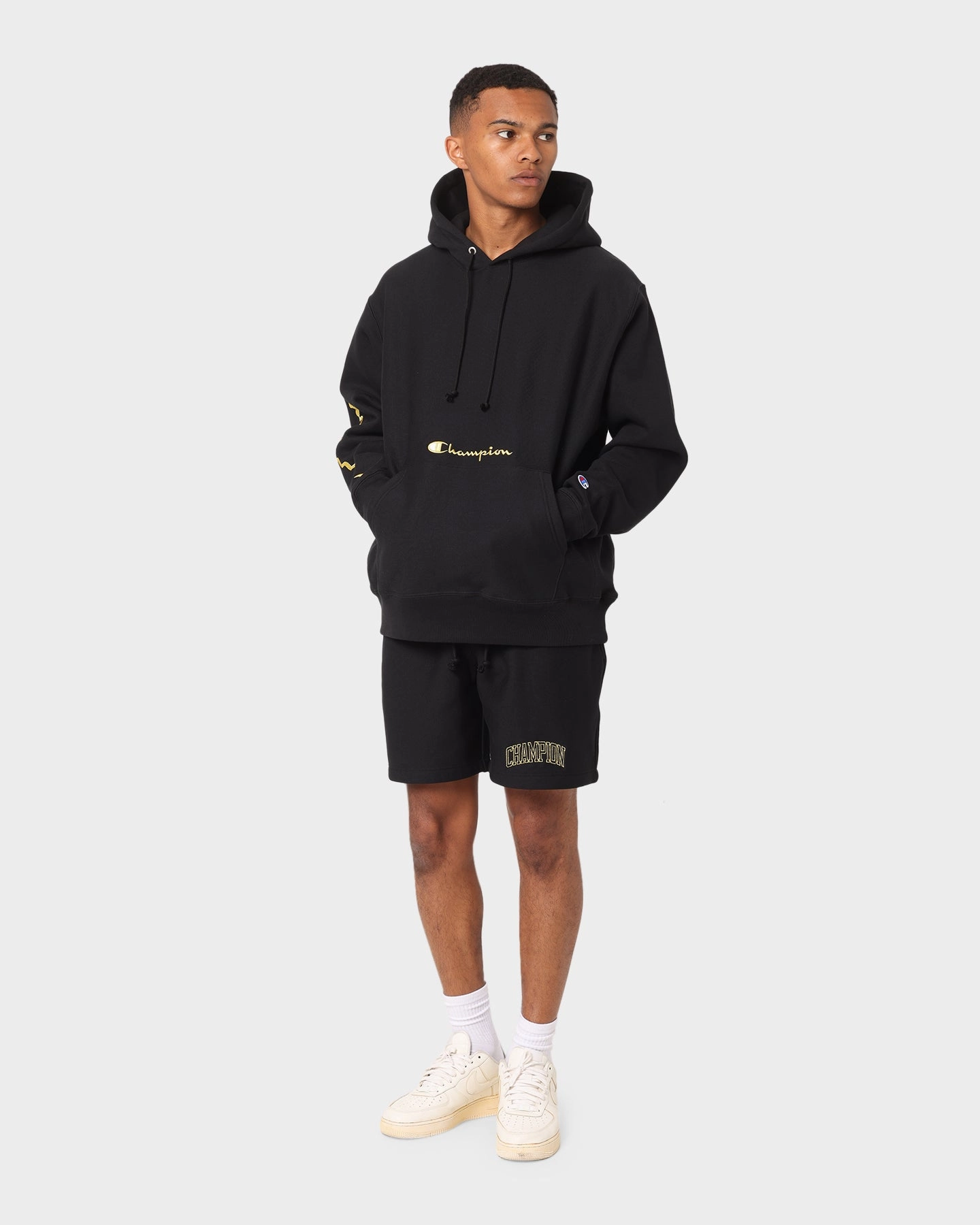 Insulated Core YKK Zipper Hardware Champion Men's Rev Weave Script Hoodie Black/Gold