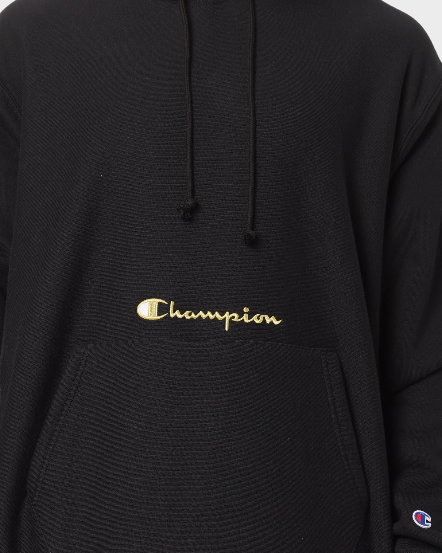Champion Men's Rev Weave Script Hoodie Black/Gold Formal Style