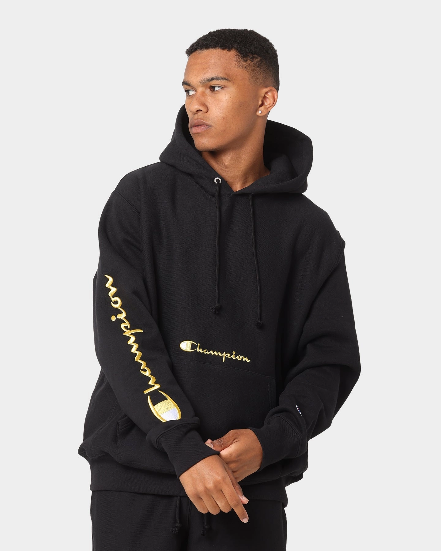 Weekend Comfort Champion Men's Rev Weave Script Hoodie Black/Gold