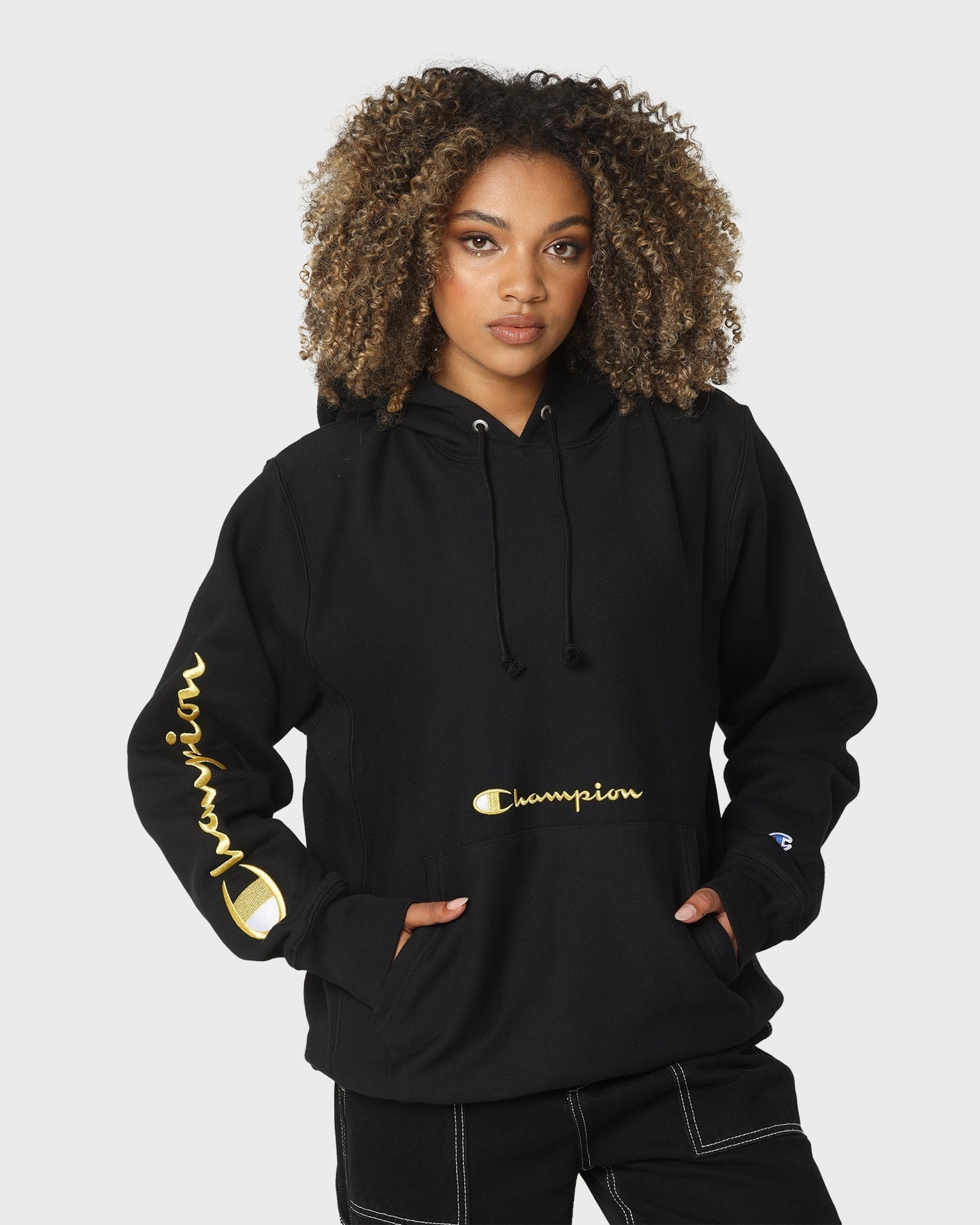 Champion Men's Rev Weave Script Hoodie Black/Gold Collar Options Anti Pilling