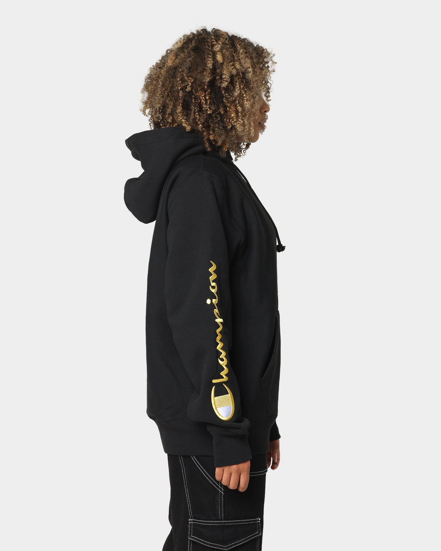 WrinkleResistant Champion Men's Rev Weave Script Hoodie Black/Gold
