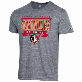 Oversized Cut Circular Knit Construction Champion Men's Vault Seminole Logo/Florida State Seminoles Tri-blend Short Sleeve T-shirt - Gunsmoke