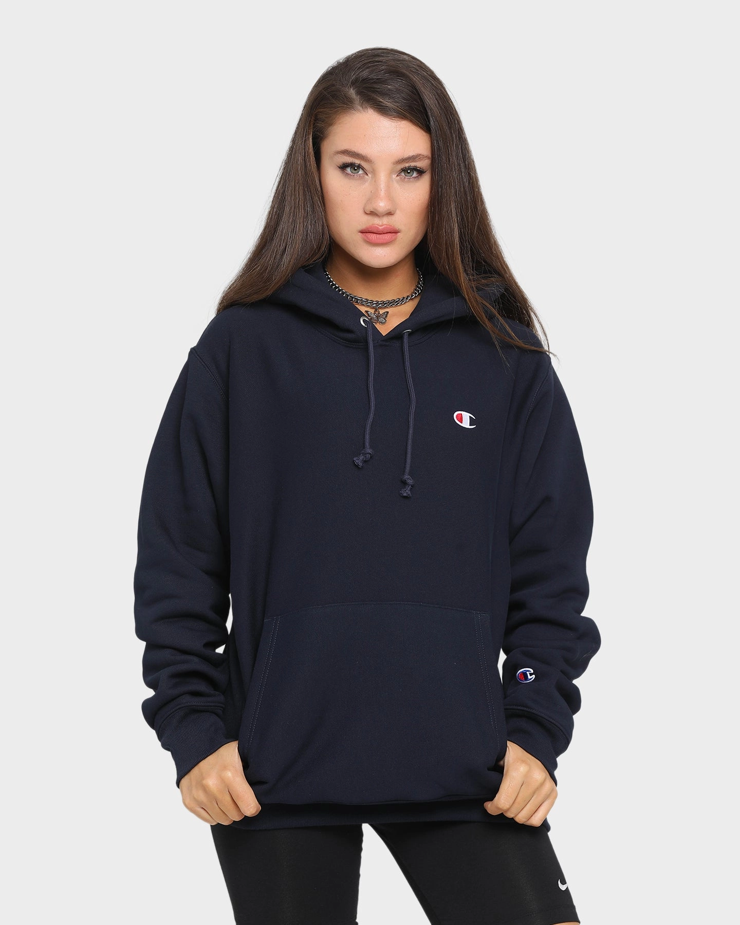 Sporty Shield Cologne Champion Rev Weave Hoodie Navy