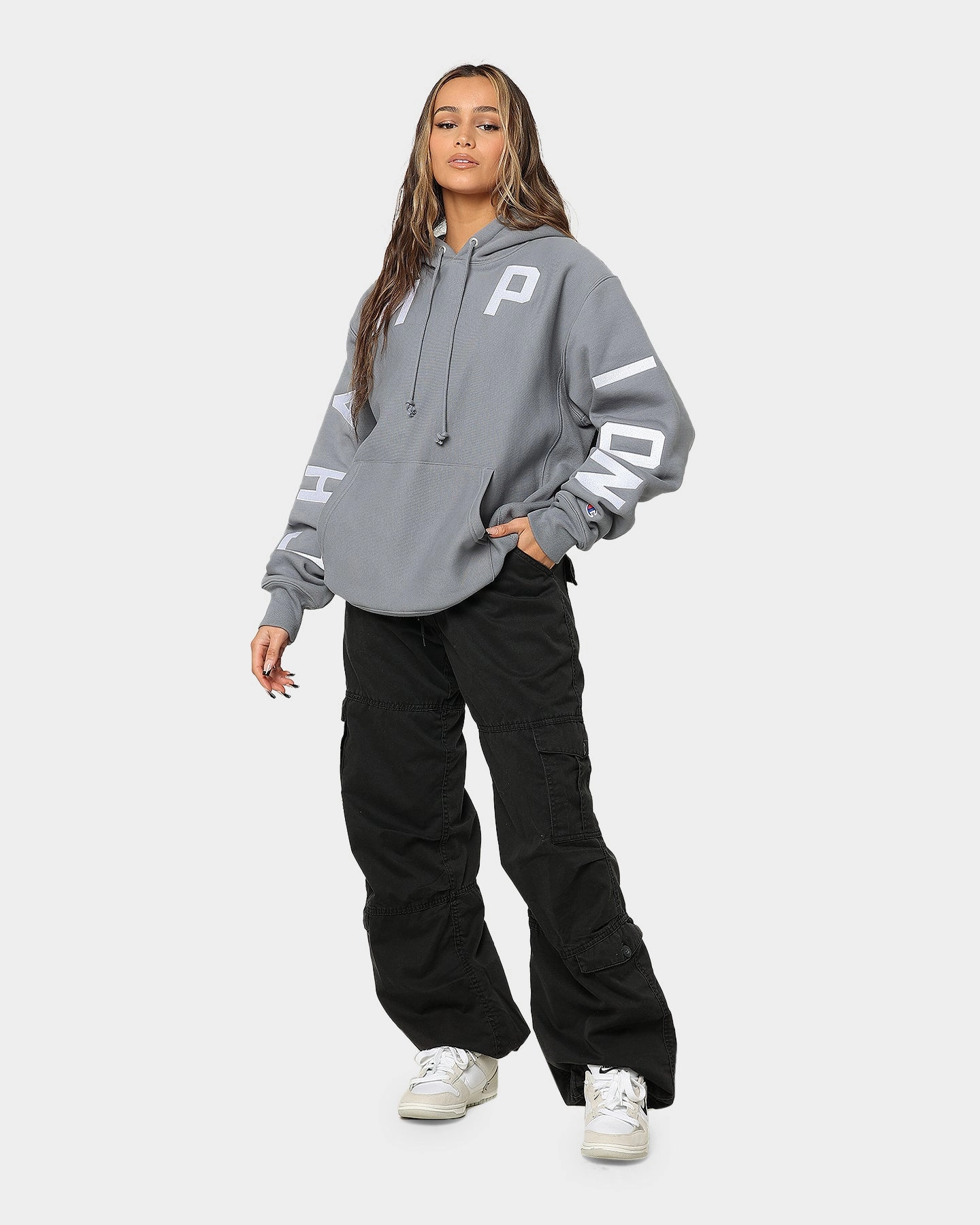 Champion Reverse Weave Arch Logo Hoodie Calico Grey Stroll Wrinkle Resistant
