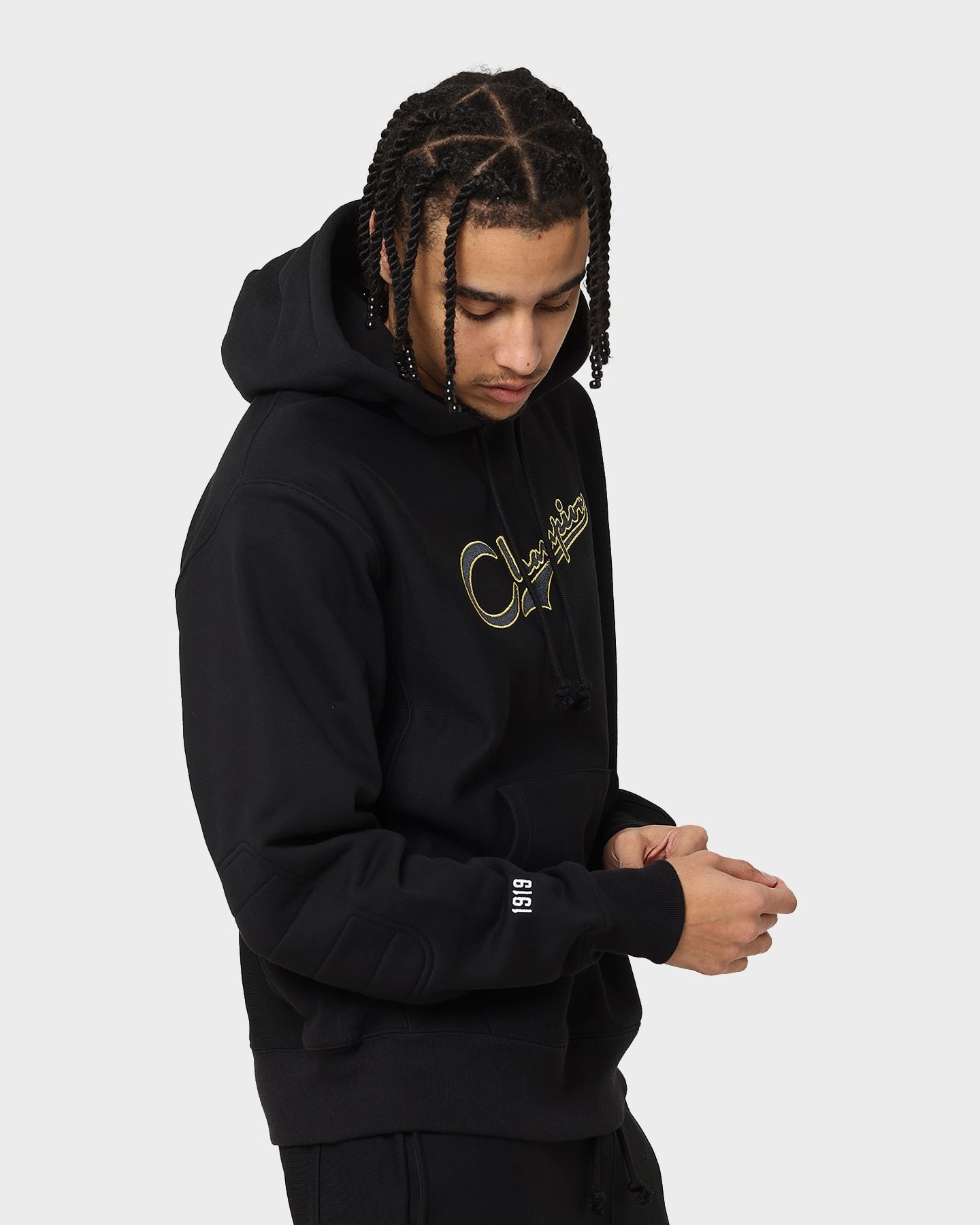 Reflective accents Modern Tailoring Champion Reverse Weave Archive Script Hoodie Black/Gold
