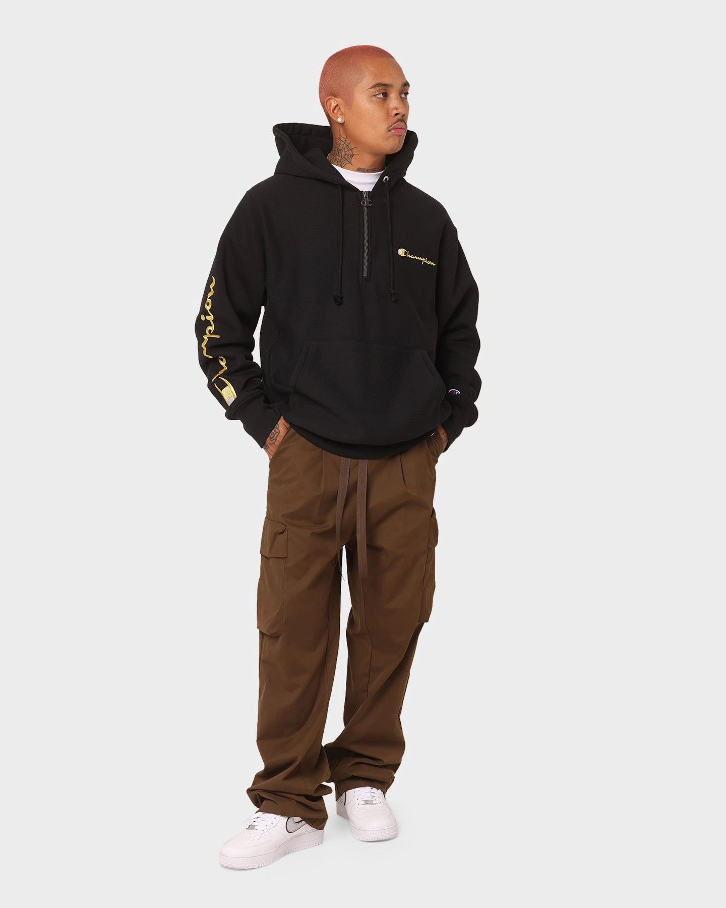 Champion Reverse Weave Quarter Zip Hoodie Black/Gold Acknowledge Vintage Style