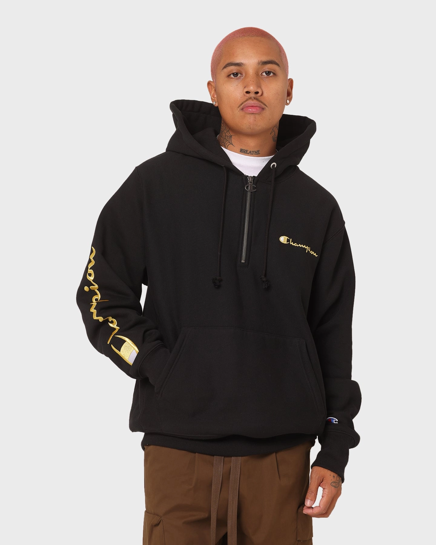 All-Season Outerwear Champion Reverse Weave Quarter Zip Hoodie Black/Gold