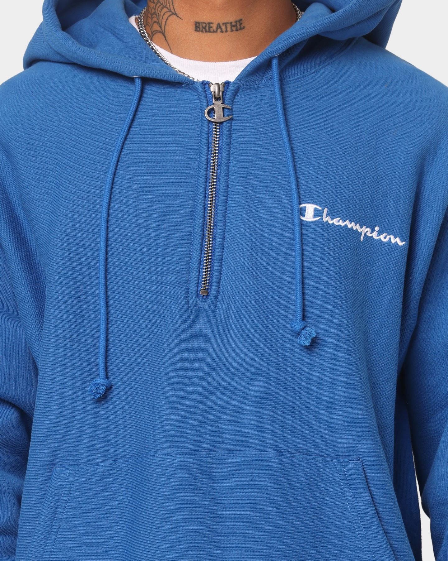 Exclusive Flex Stretch Material Champion Reverse Weave Quarter Zip Hoodie Living In Blue