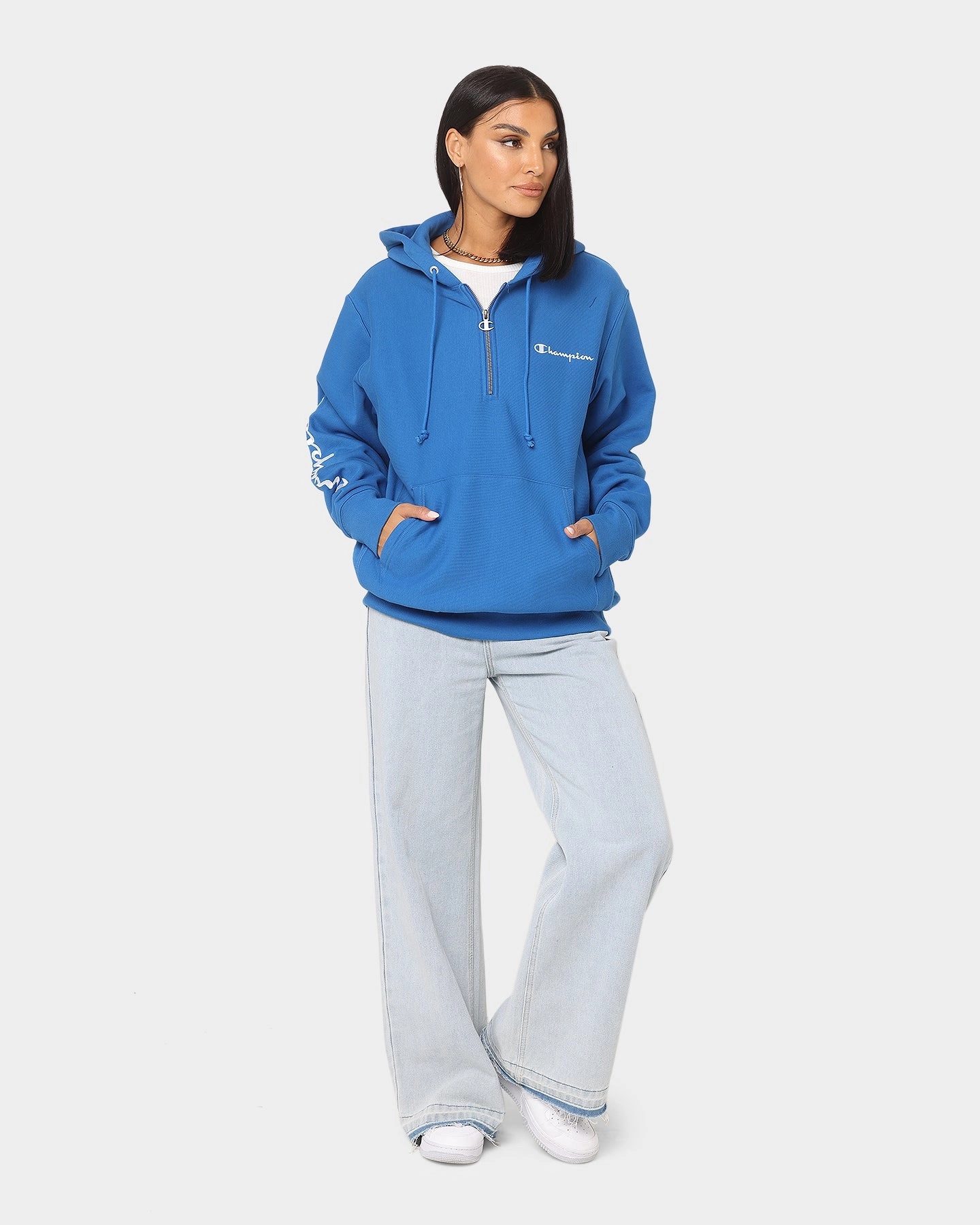 Champion Reverse Weave Quarter Zip Hoodie Living In Blue Moisture Wicking Layer