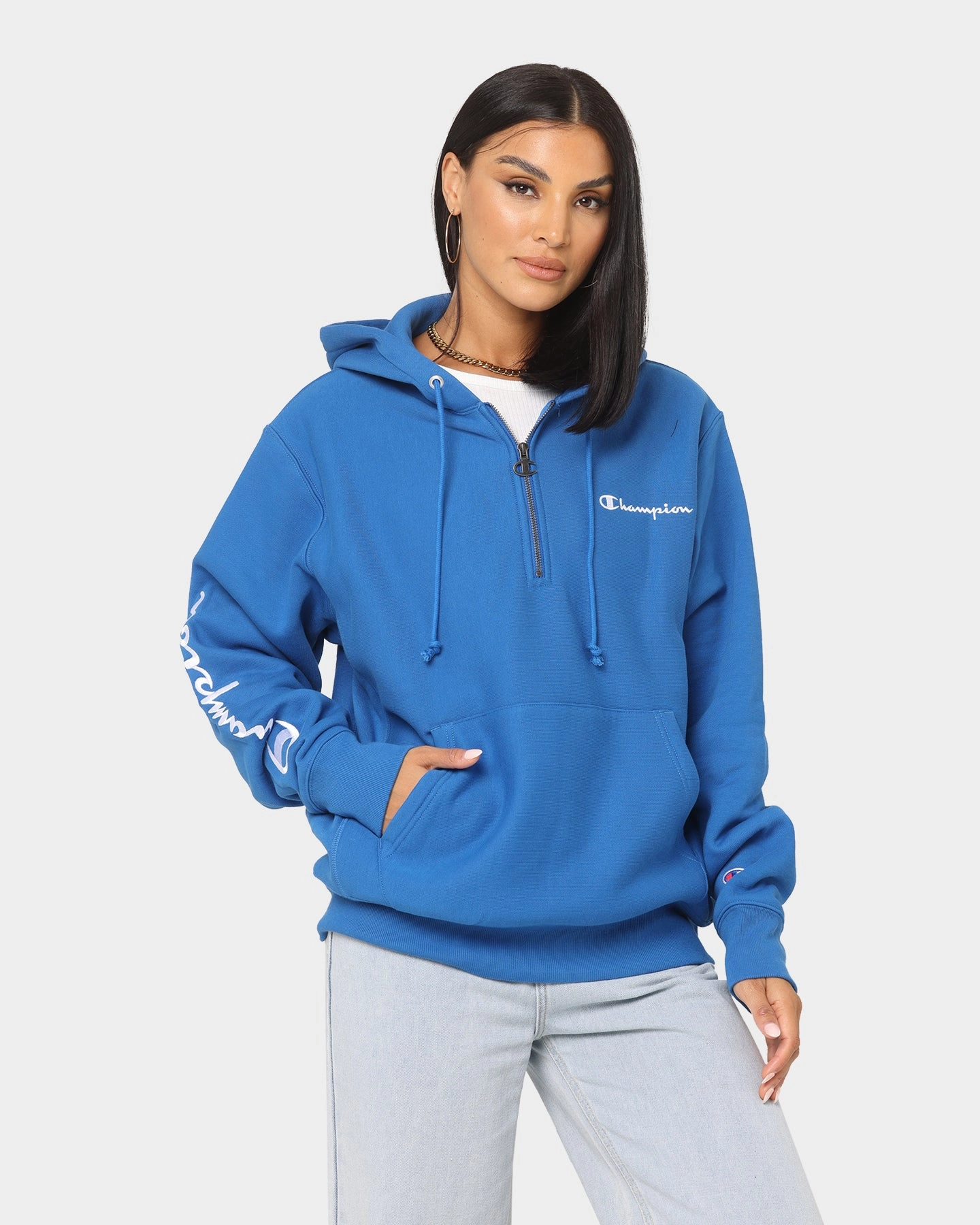 Champion Reverse Weave Quarter Zip Hoodie Living In Blue rainy - day gear