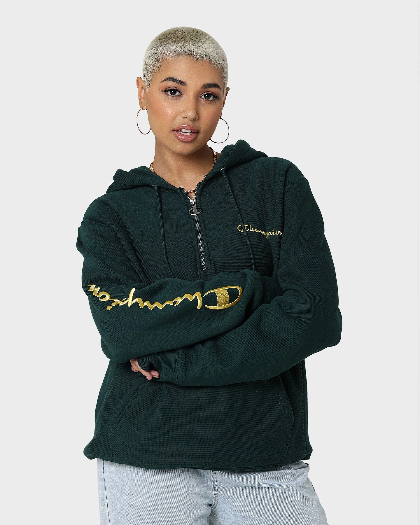 DurableShell Champion Reverse Weave Quarter Zip Hoodie Midfield Green