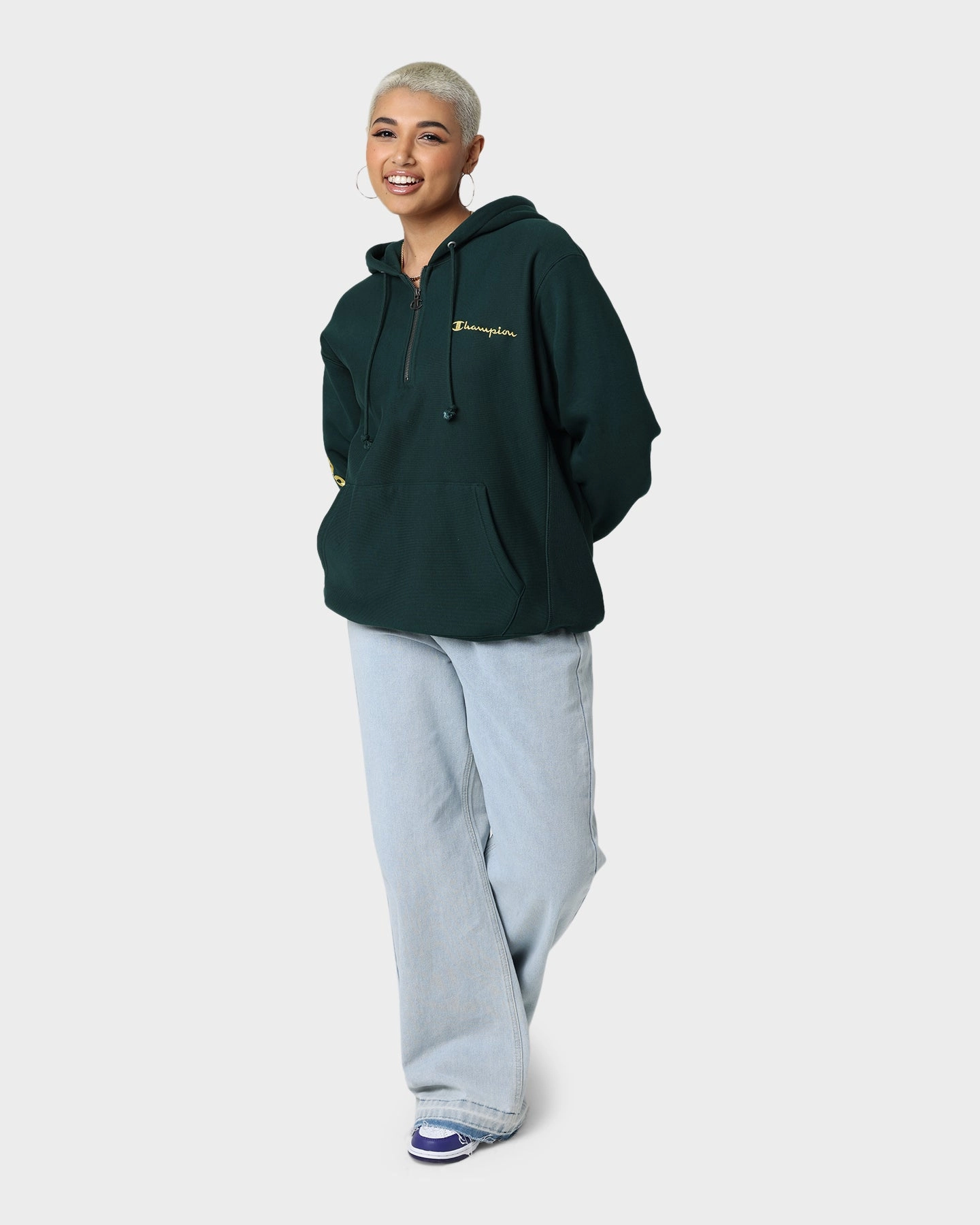 StretchMaterial Champion Reverse Weave Quarter Zip Hoodie Midfield Green