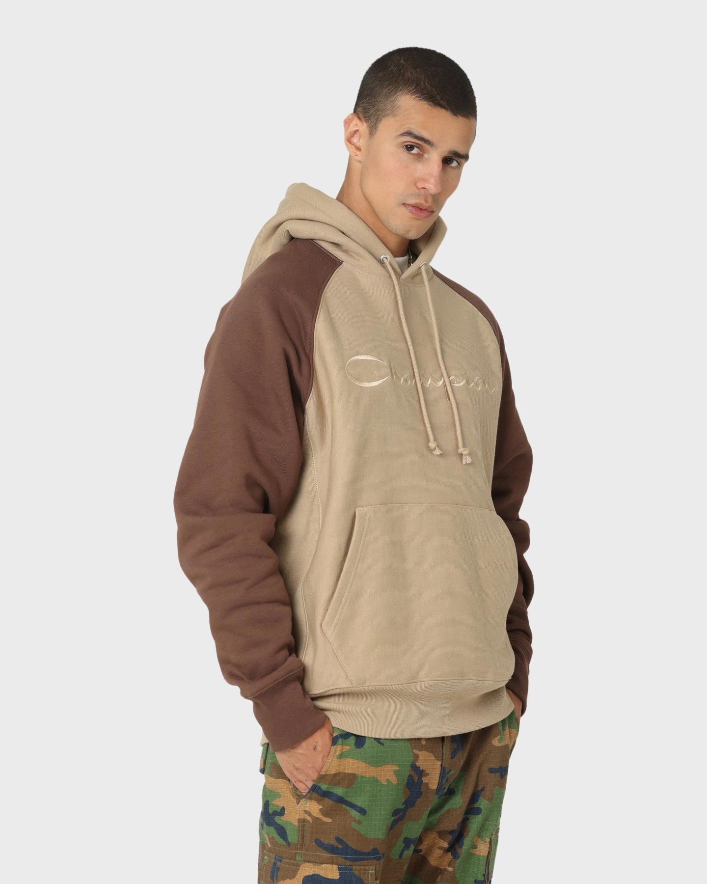 Champion Reverse Weave Raglan Hoodie Country Walnut Zippered Pockets windproof lining