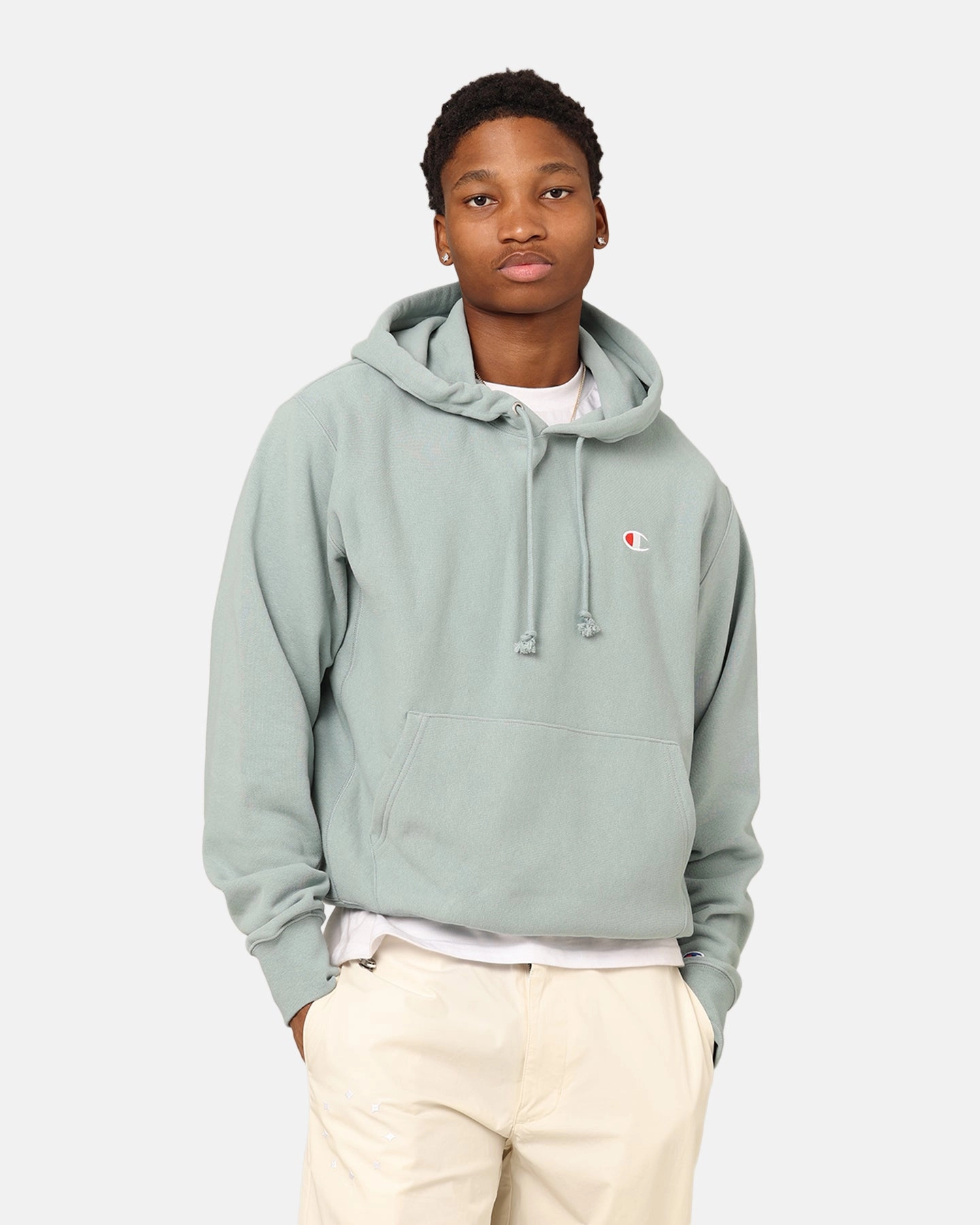 Champion Reverse Weave Terry Hoodie Sage Shimmer Green Side Pockets Adaptive Fit