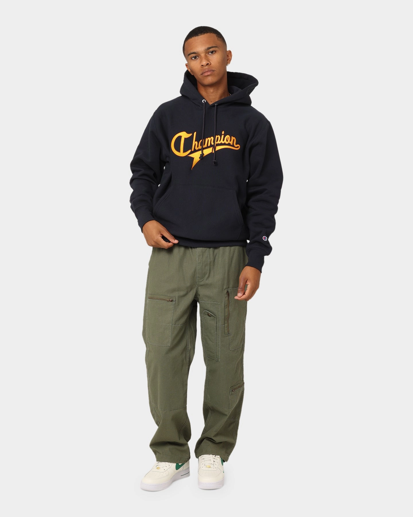 Champion Script Hoodie Navy Ergonomic Stitching
