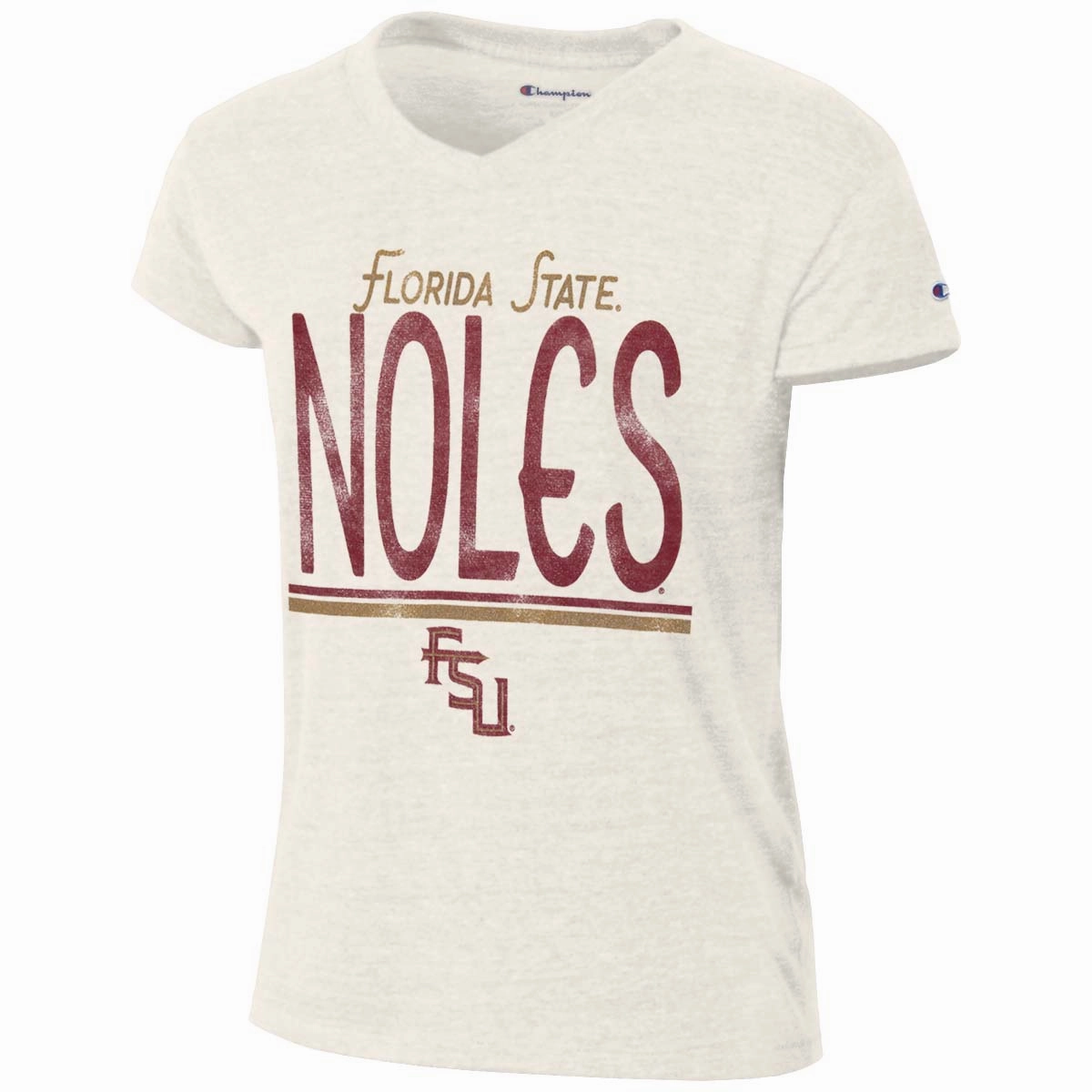 Bohemian Champion Women's Florida State Noles/Stacked FSU Short Sleeve Tri-blend V-neck T-shirt - White Alabaster