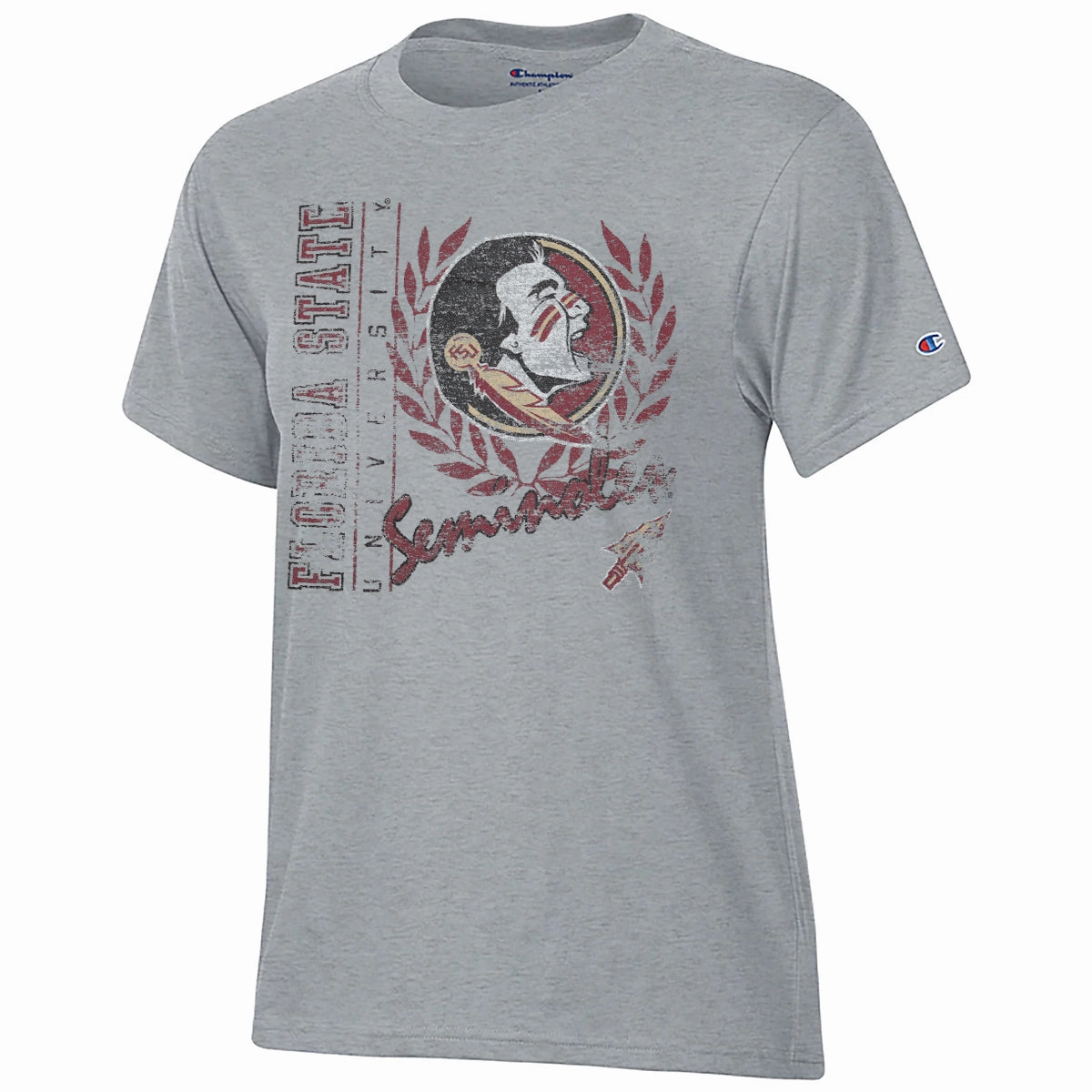 Zip Up Champion Women's Florida State University Seminoles/Seminole Logo Design Short Sleeve T-shirt - Steel