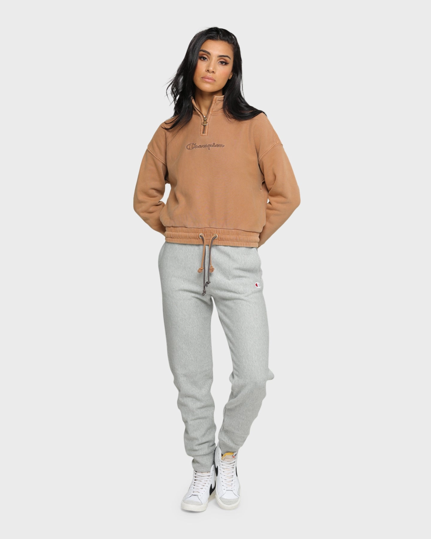 Functional Outdoor Style Champion Women's Rev Weave Garment Dye Quarter Zip Pullover Burnt Caramel
