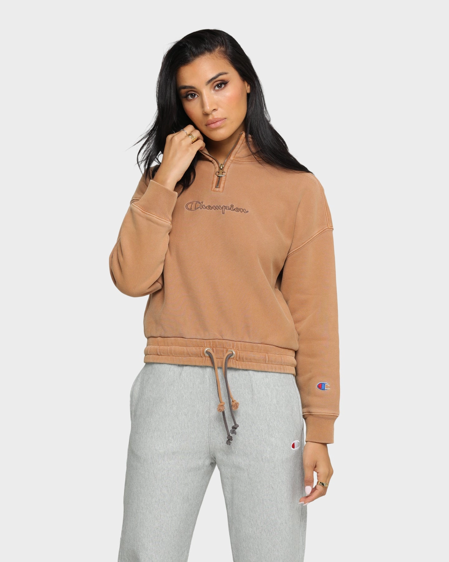 Champion Women's Rev Weave Garment Dye Quarter Zip Pullover Burnt Caramel Visa Recommend