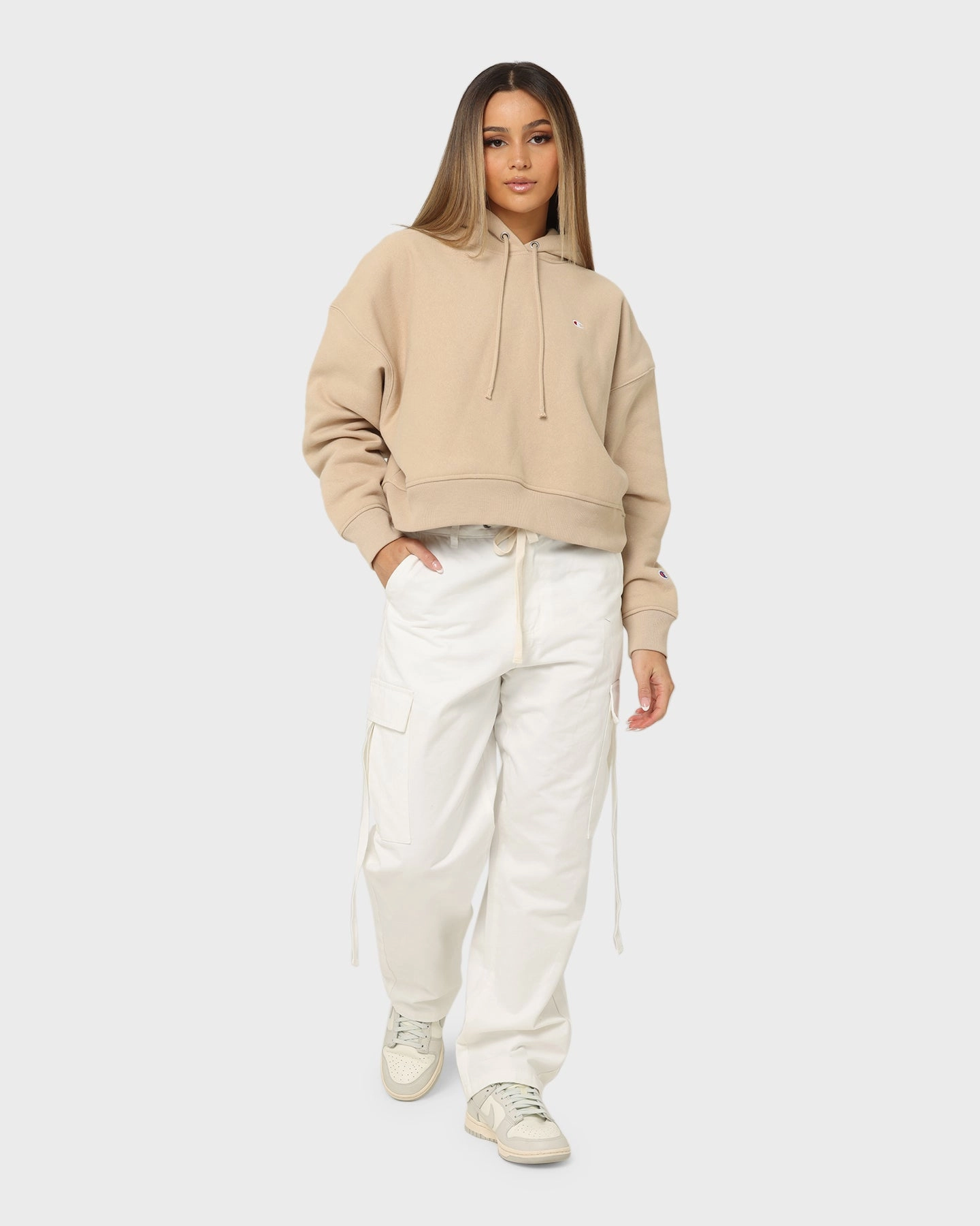 Champion Women's Reverse Weave Level Up Hoodie Cafe Latte Bonded Shoulder Guards