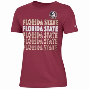 On-the-Go Comfort Relaxed Wearable Champion Women's Seminole Logo/Repeat Florida State Design Short Sleeve T-shirt - Garnet