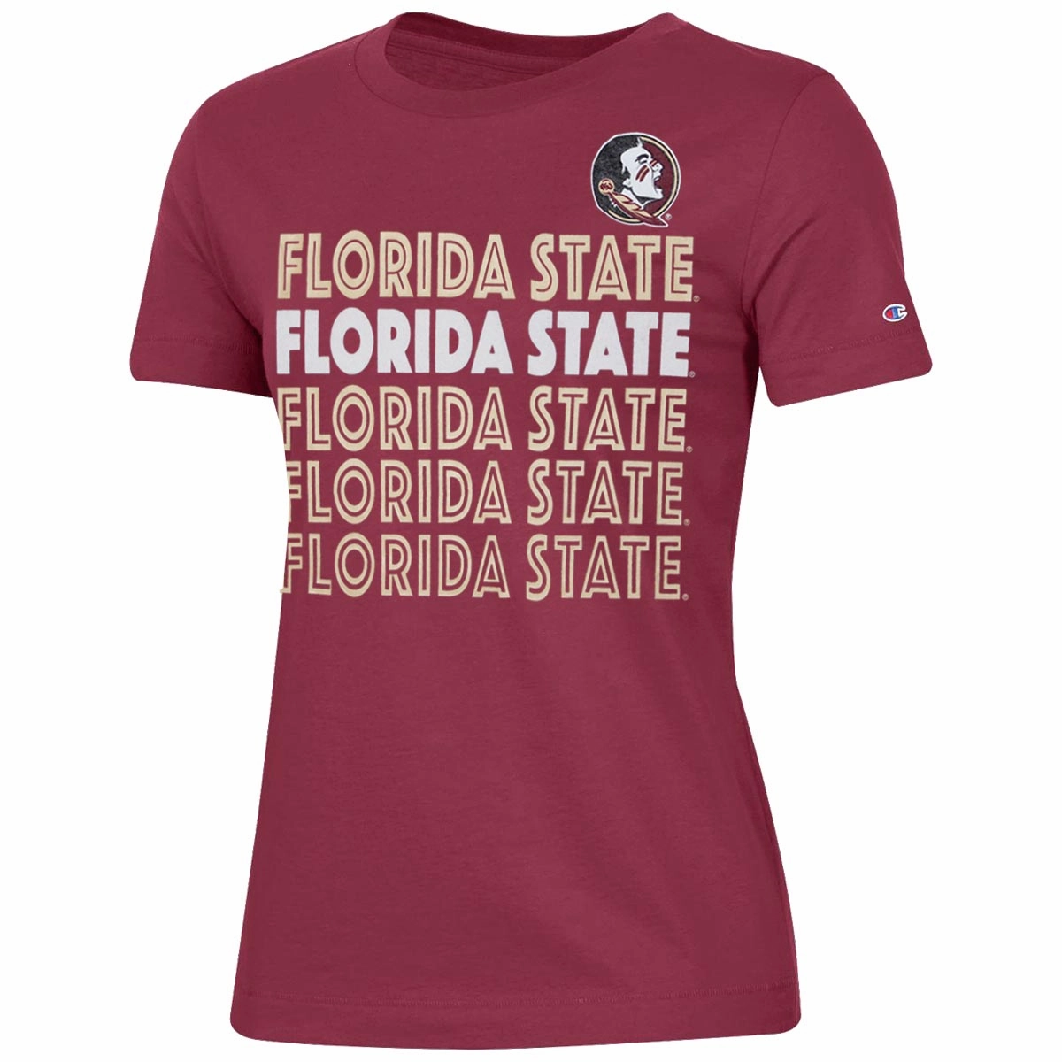 On-the-Go Comfort Relaxed Wearable Champion Women's Seminole Logo/Repeat Florida State Design Short Sleeve T-shirt - Garnet